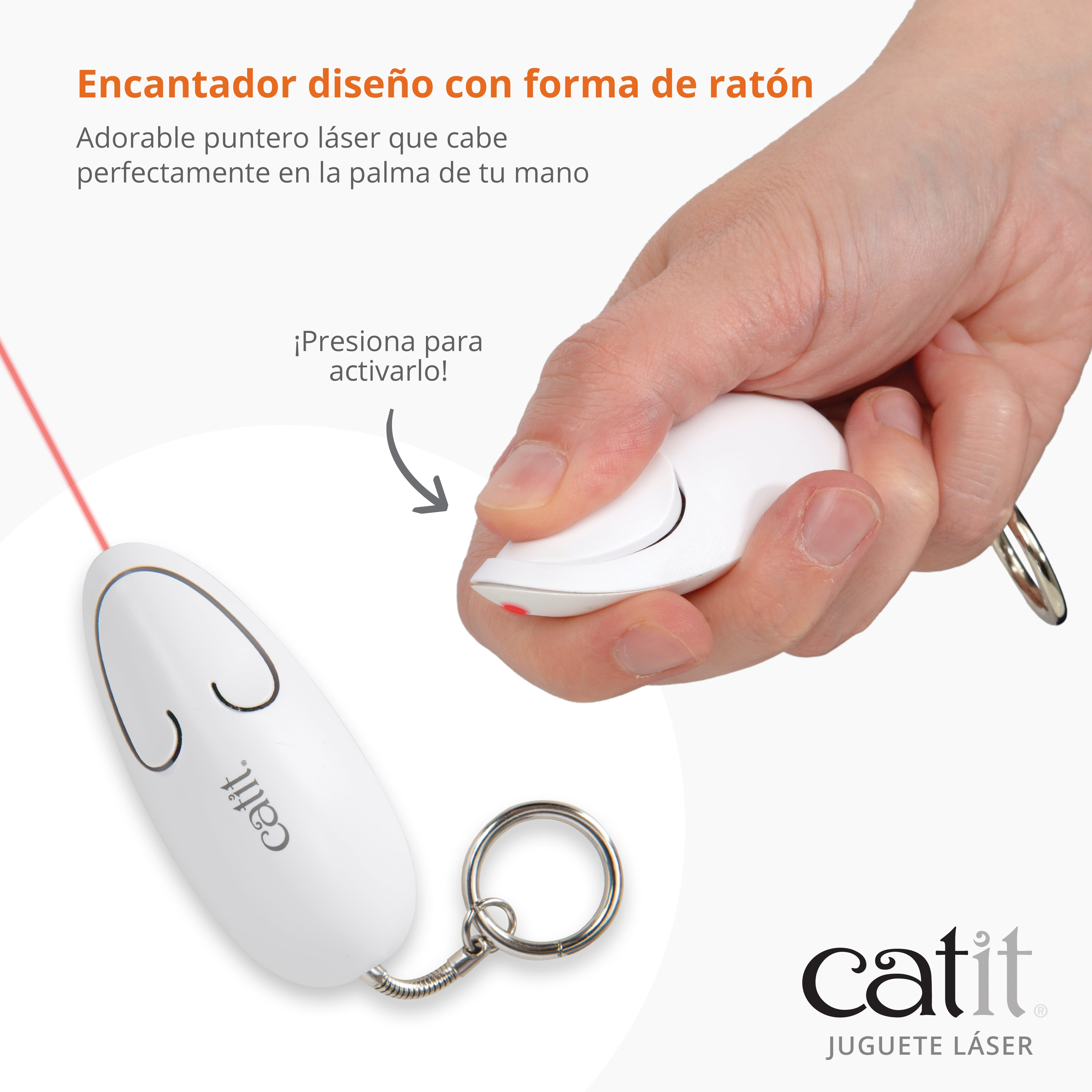 Una mano sosteniendo un puntero láser blanco con forma de ratón, emitiendo un rayo rojo, con texto promocional.