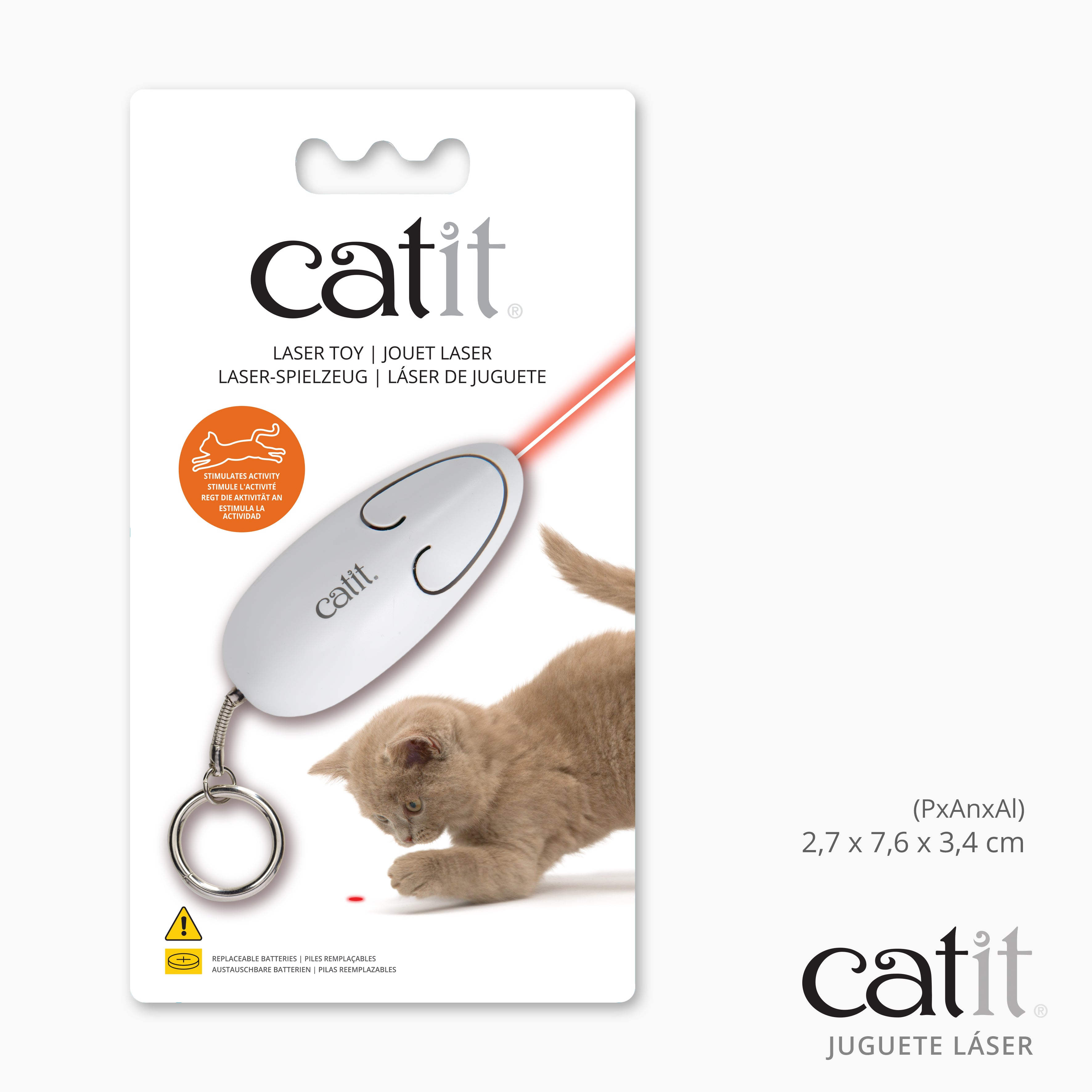 Embalaje de un juguete láser Catit con un gatito persiguiendo el punto rojo.
