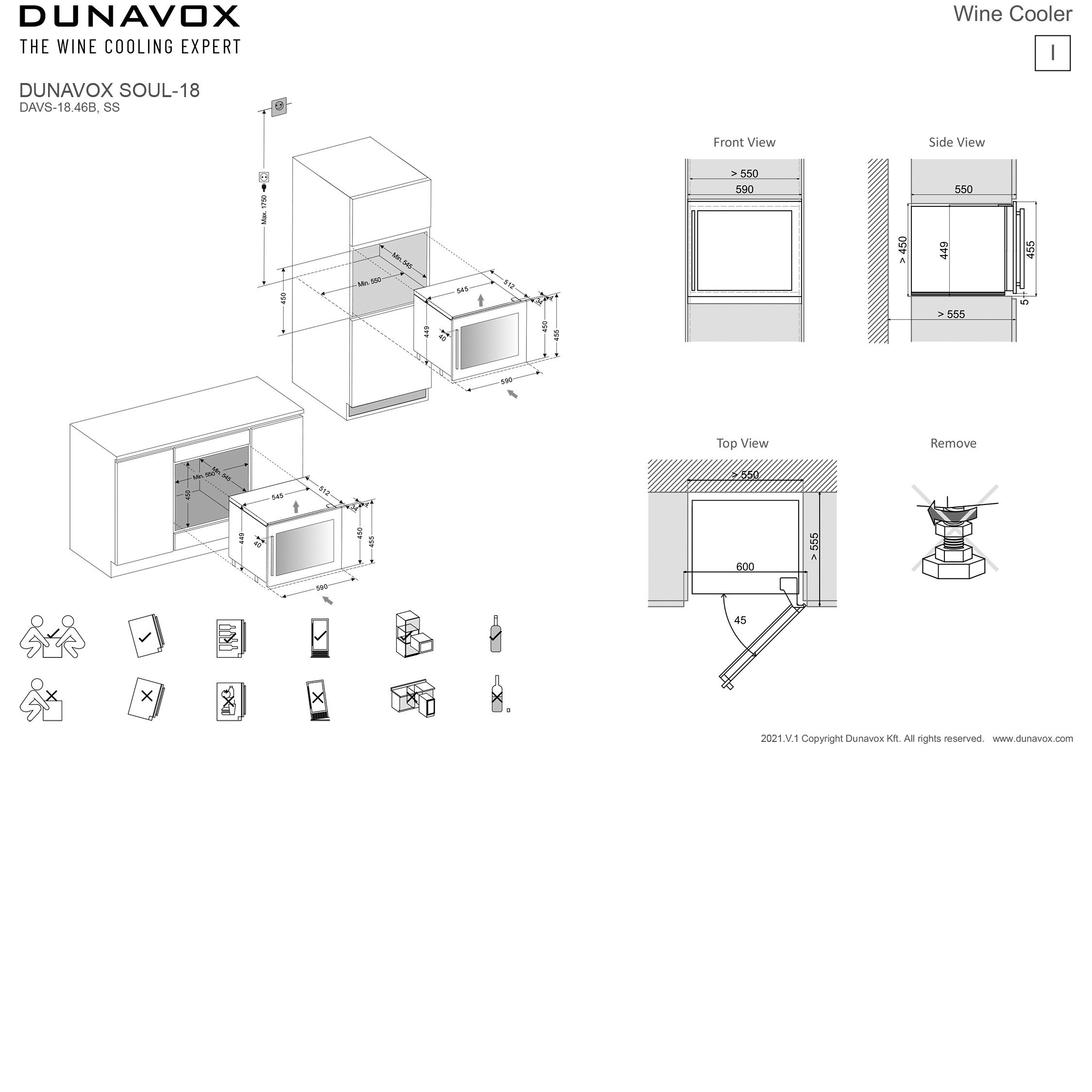 Disegno tecnico e dimensioni di installazione per la cantinetta Dunavox Soul-18.