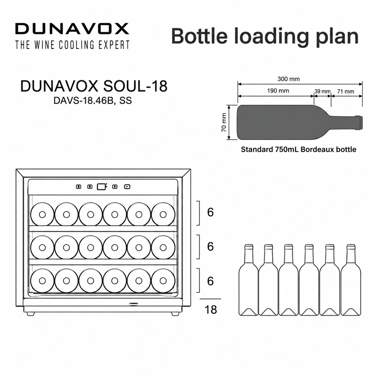 Schema del piano di carico delle bottiglie per la cantinetta Dunavox Soul-18 da 18 bottiglie.