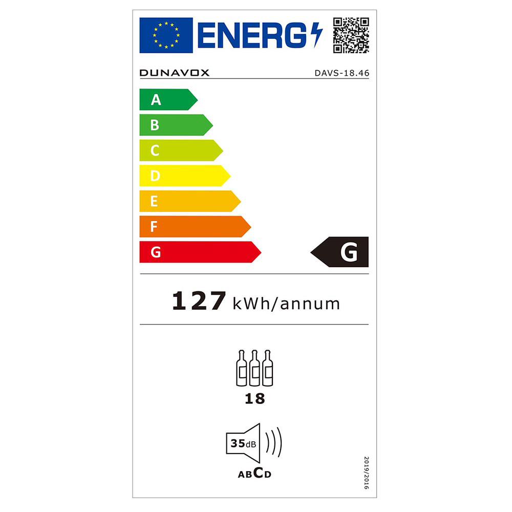 Etichetta energetica UE per Dunavox DAVS-18.46 con classe G, 127 kWh/anno e 35 dB.