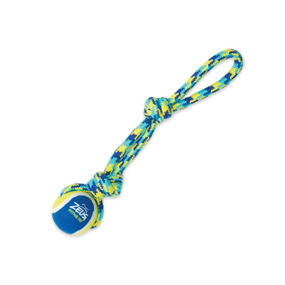 Juguete para perros de cuerda azul y amarilla con pelota.