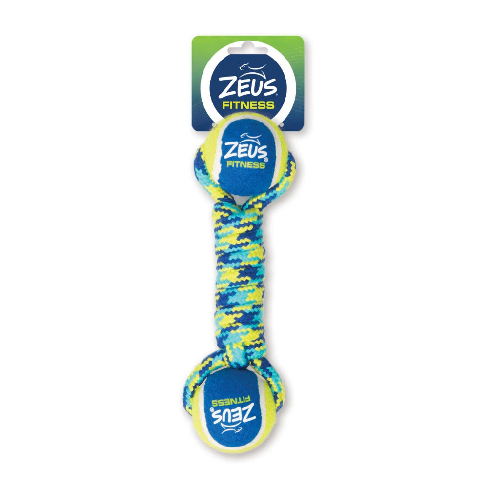 Juguete para perros Zeus Fitness con cuerdas azules y amarillas y dos pelotas de tenis sobre fondo blanco.