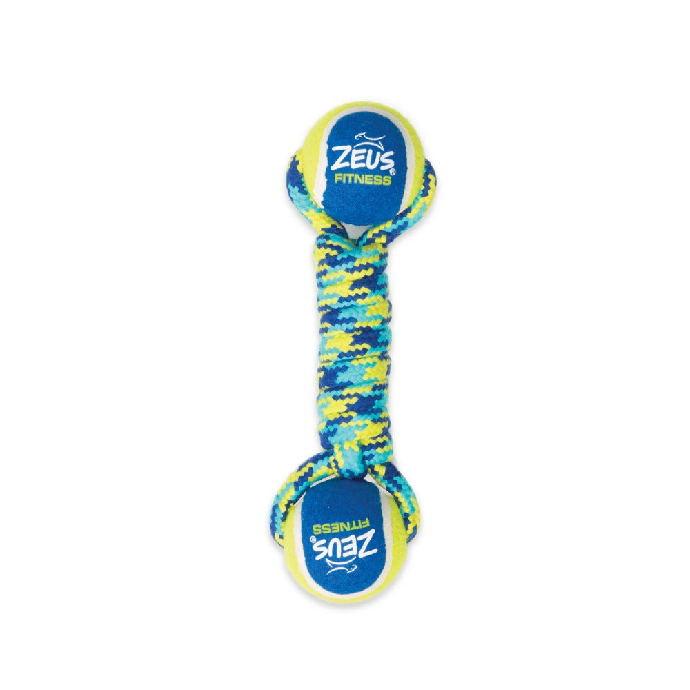 Un juguete para perros con una cuerda trenzada azul y amarilla que conecta dos pelotas de tenis Zeus Fitness.