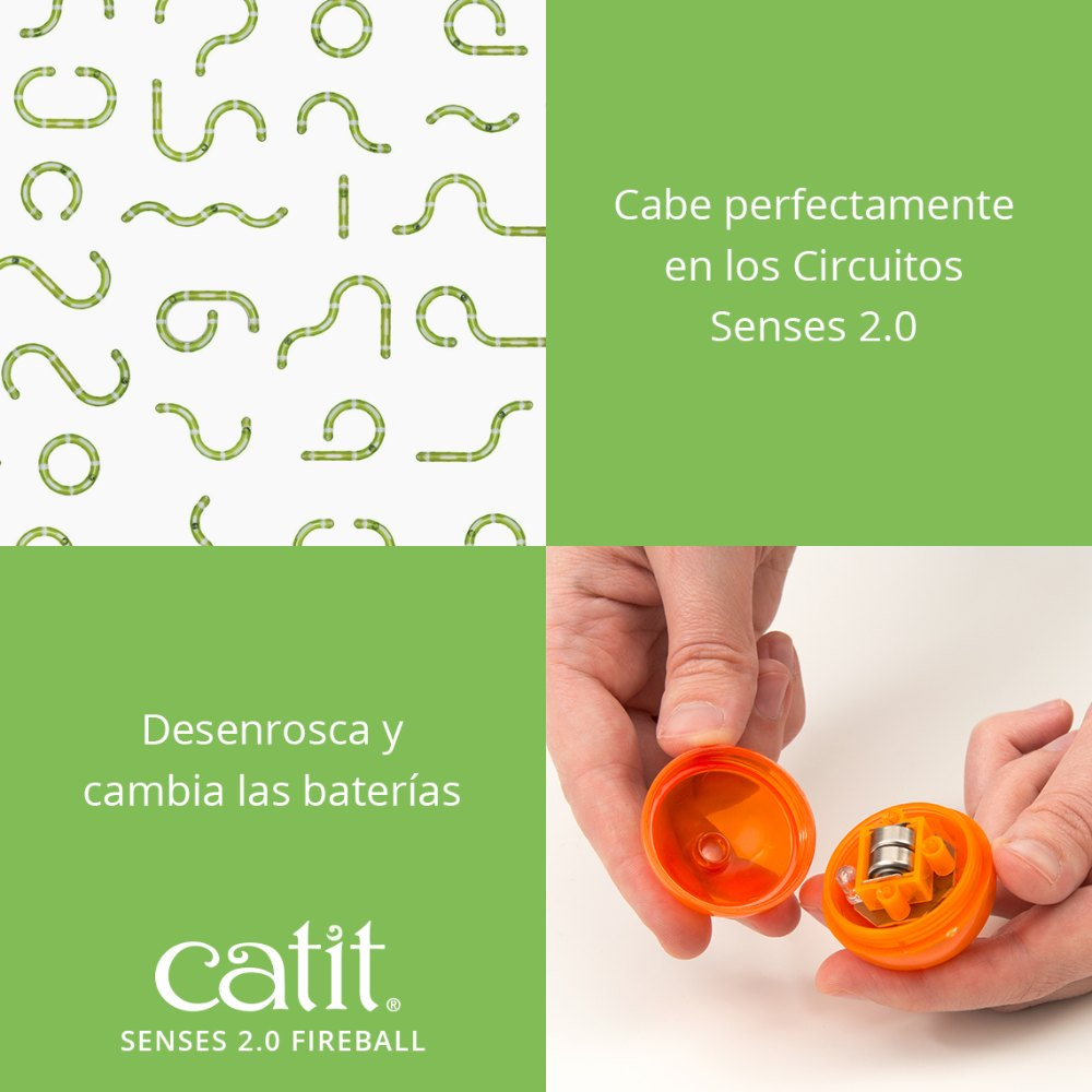 Una imagen en cuatro partes muestra líneas onduladas verdes, texto y manos abriendo una bola naranja con pilas.