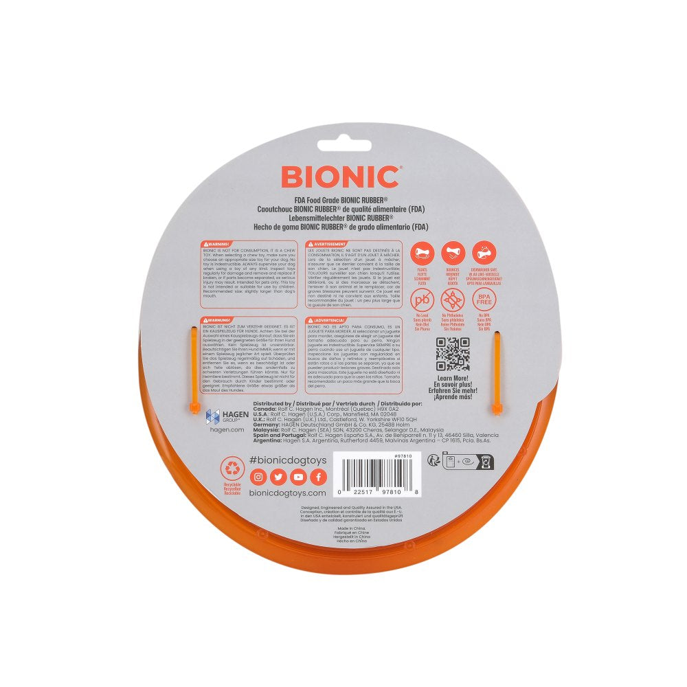 Parte trasera de un envoltorio redondo de juguete para perros Bionic con texto y advertencias.