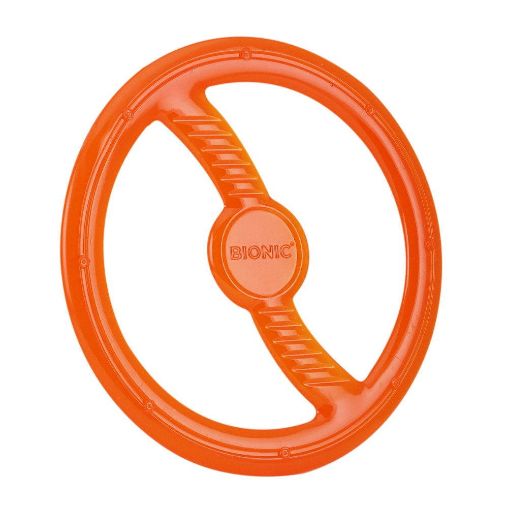 Un juguete de goma naranja para perros con la palabra Bionic en el centro sobre fondo blanco.