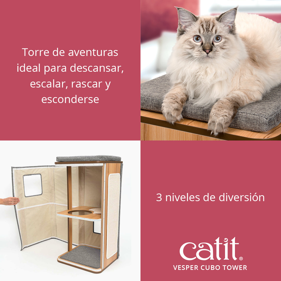 Un gato blanco sobre un mueble de madera con cojines grises, y texto sobre el mueble para gatos Vesper Cubo Tower.