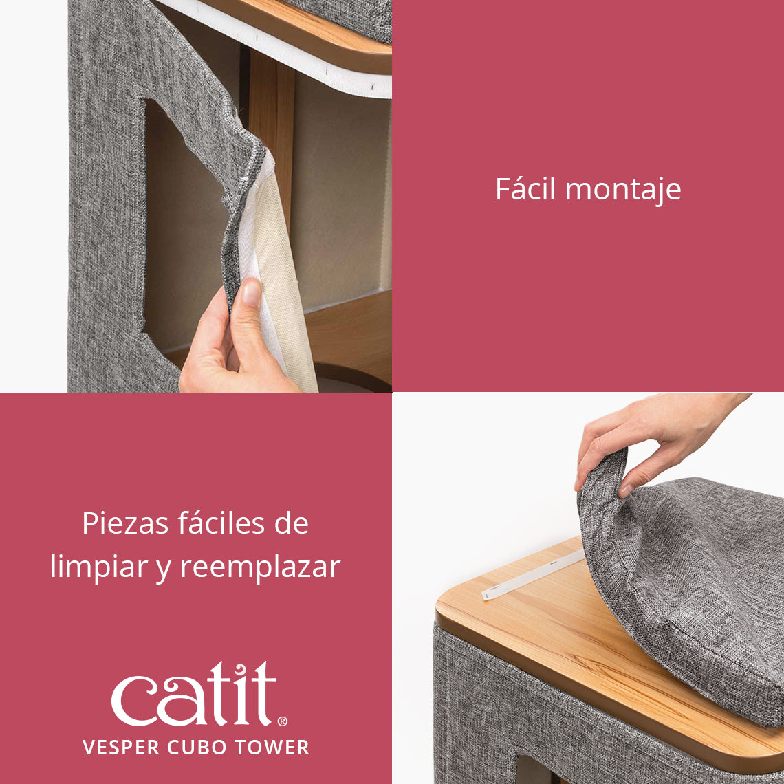 Una mano retirando la funda de tela gris de una torre para gatos Catit Vesper Cubo.