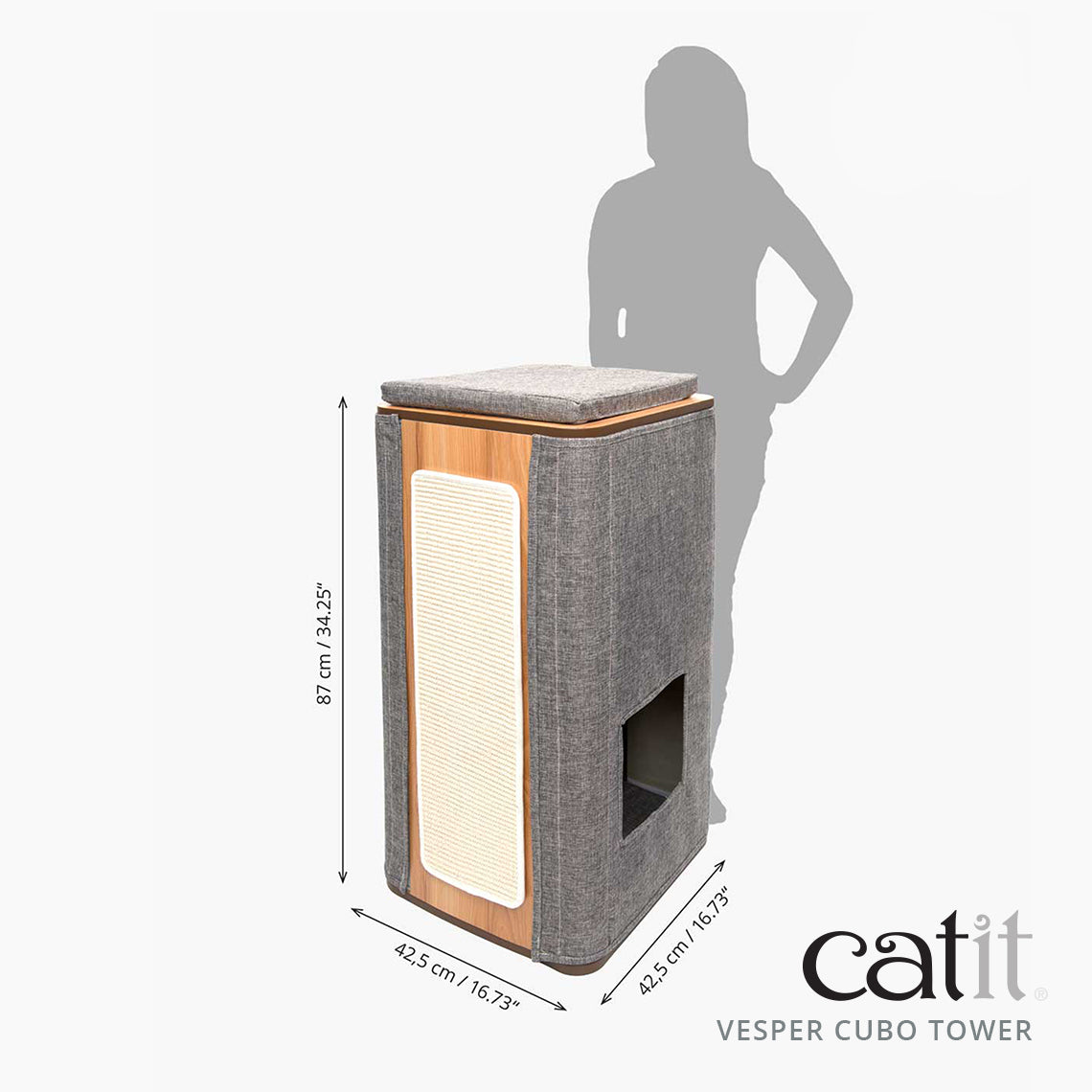 Catit Vesper Cubo Tower con dimensiones y la silueta de una persona para comparar el tamaño.