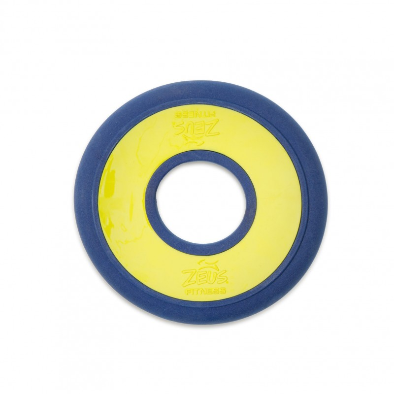 Un anillo Zeus Fitness azul y amarillo sobre fondo blanco.