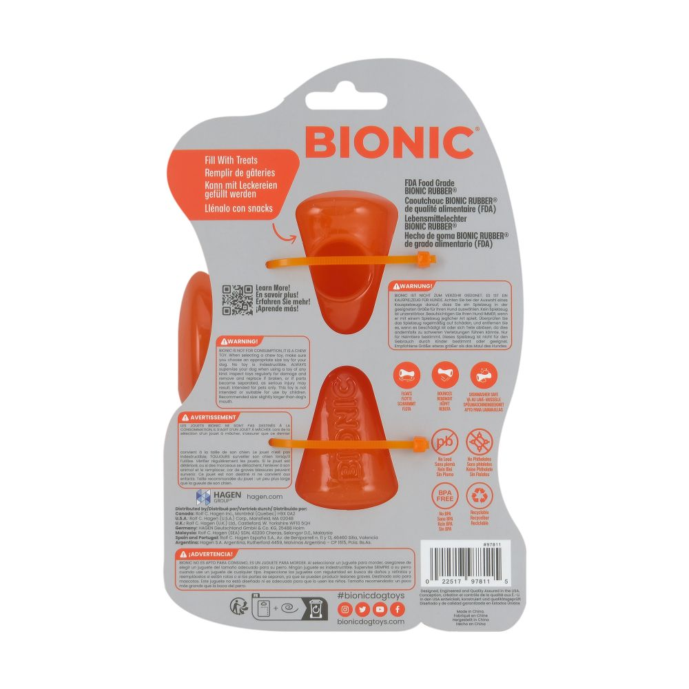 Juguete Bionic para perros en empaque con información y advertencias.