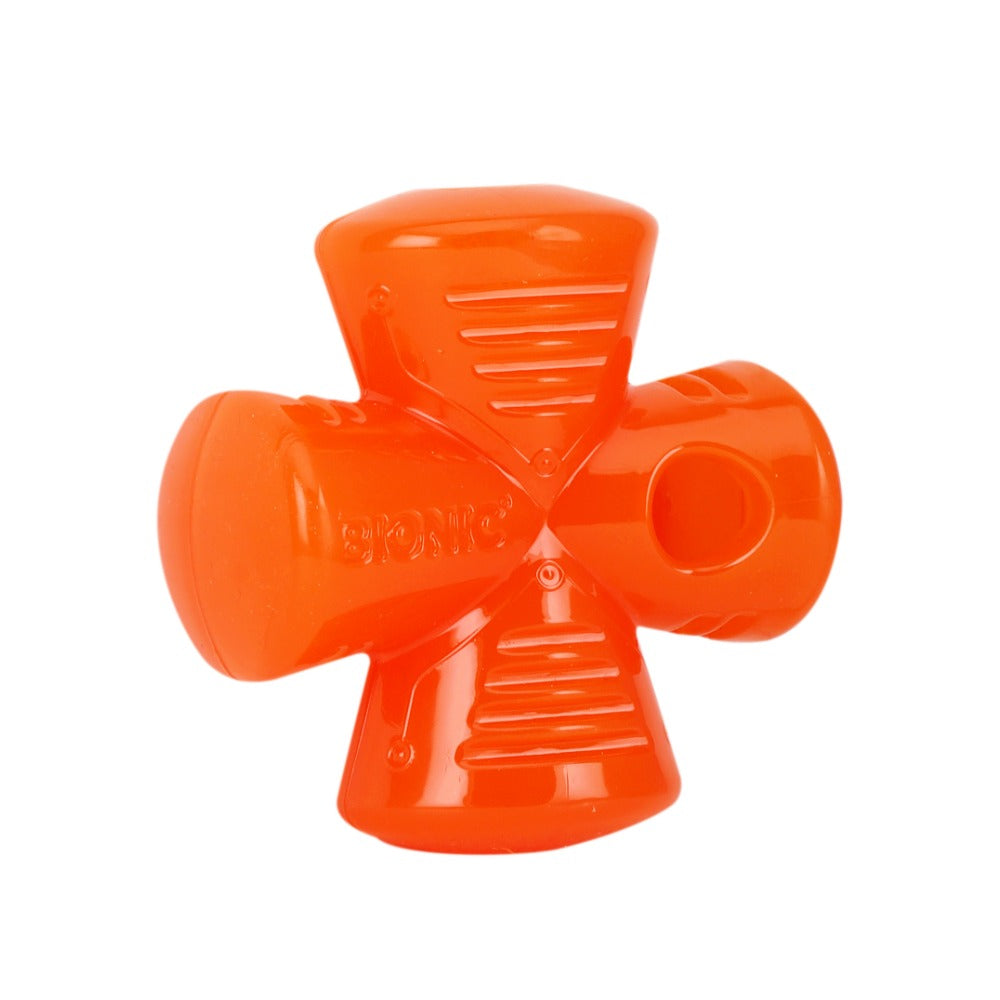 Un juguete para perros Bionic de color naranja en forma de cruz sobre fondo blanco.