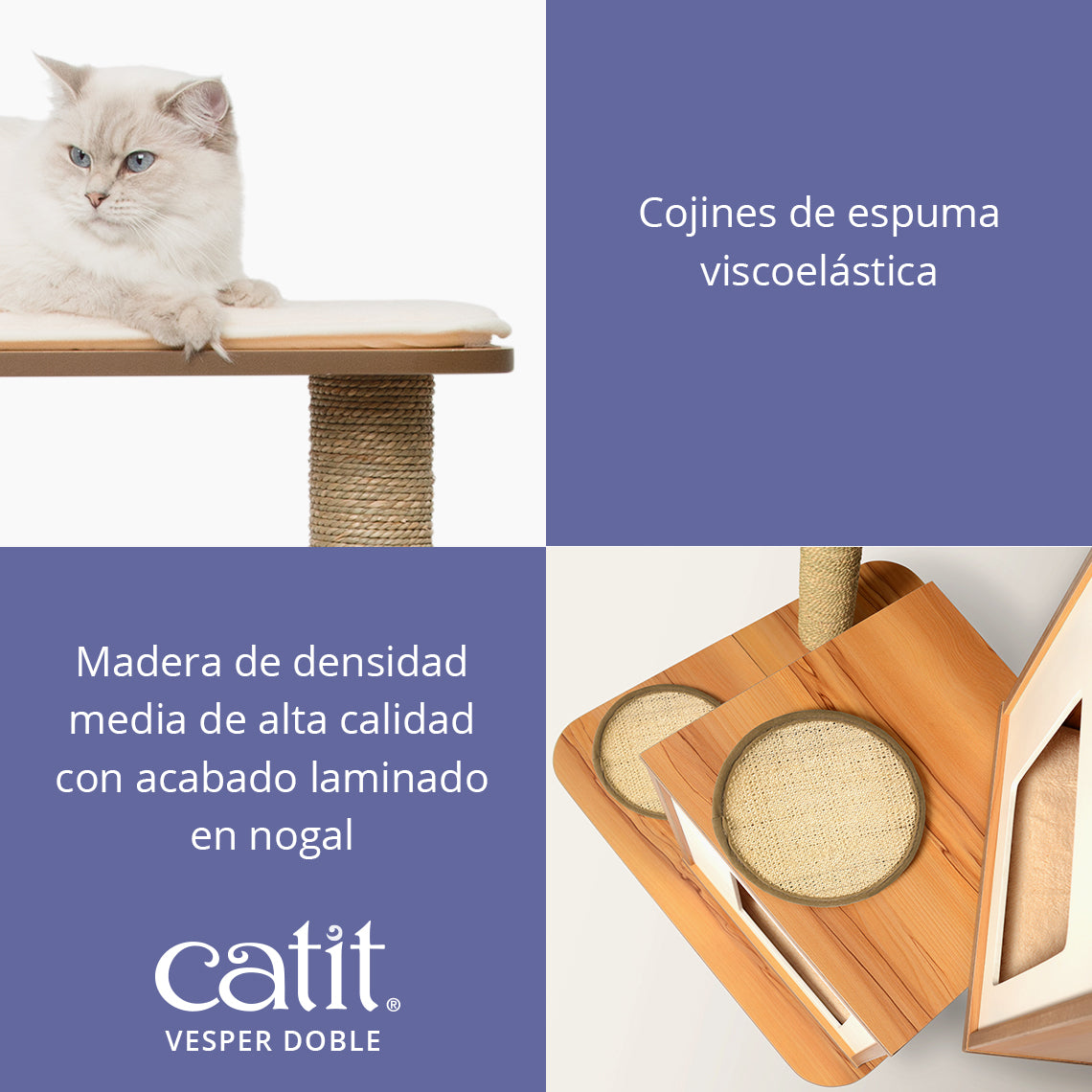 Un gato descansa en un árbol para gatos con cojines de espuma viscoelástica y madera de nogal.