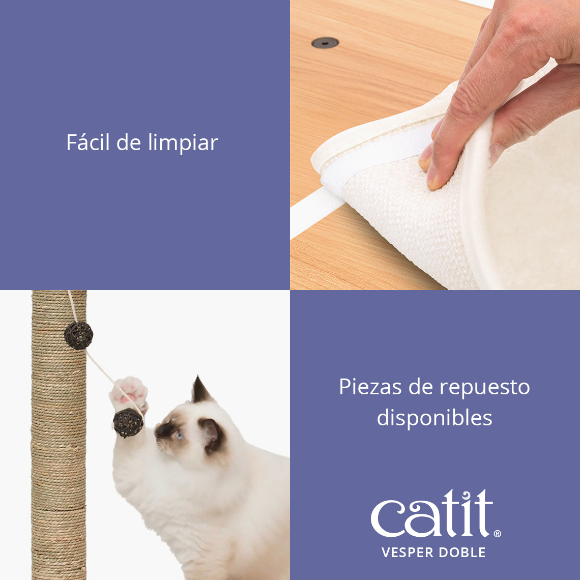 Mano retira alfombrilla blanca de madera, abajo gato juega con bolas en rascador.