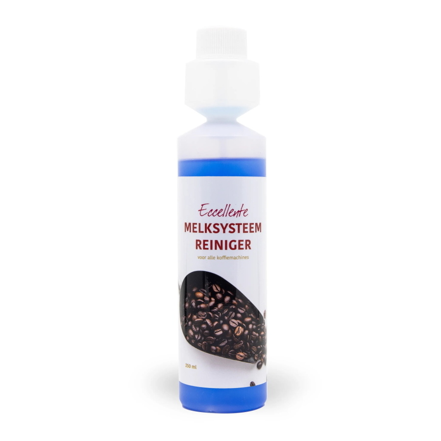 A bottle of Eccellente milk system cleaner with blue liquid and coffee beans graphic on the label.