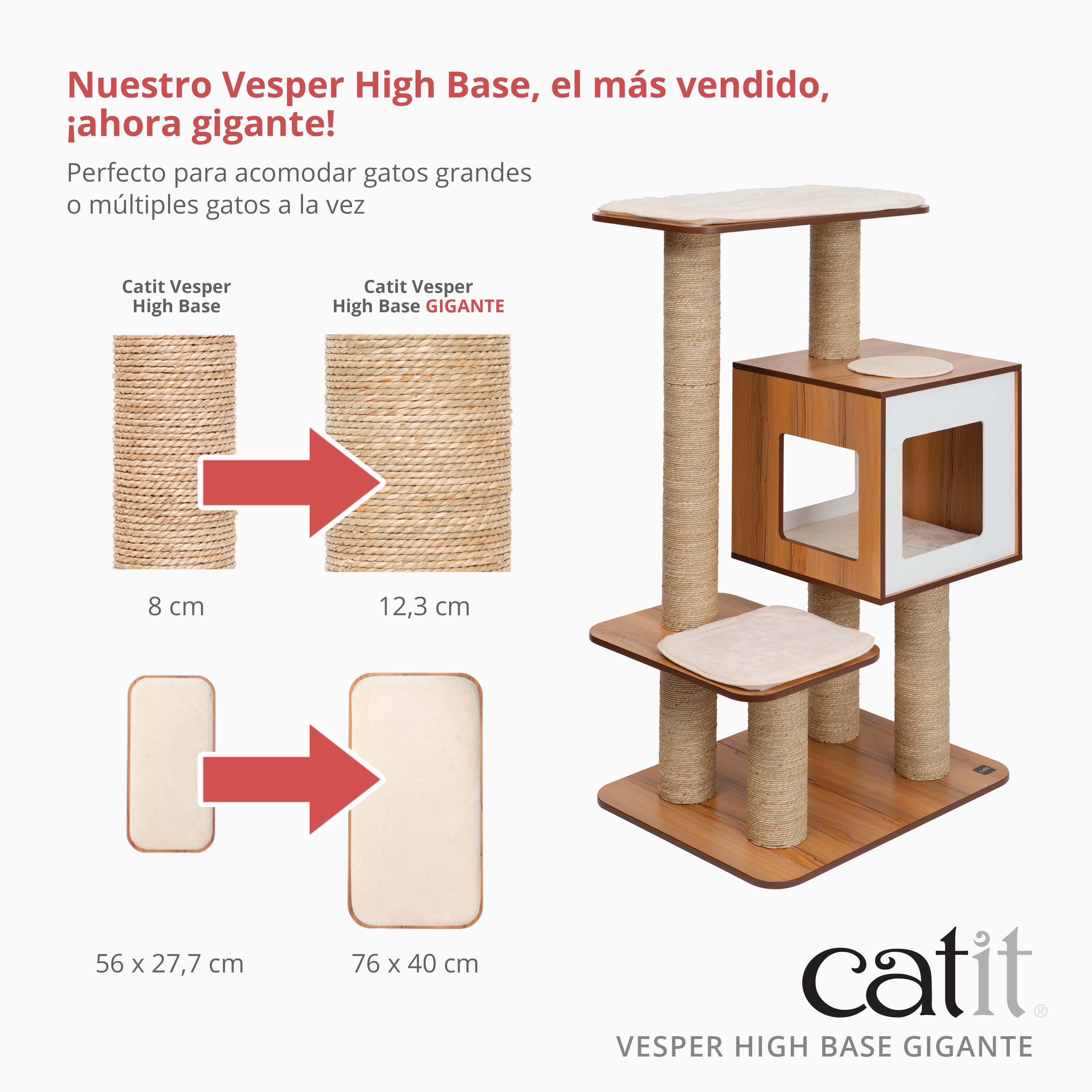 Un rascador de madera Catit Vesper High Base con postes, cojines y gráficos de comparación.