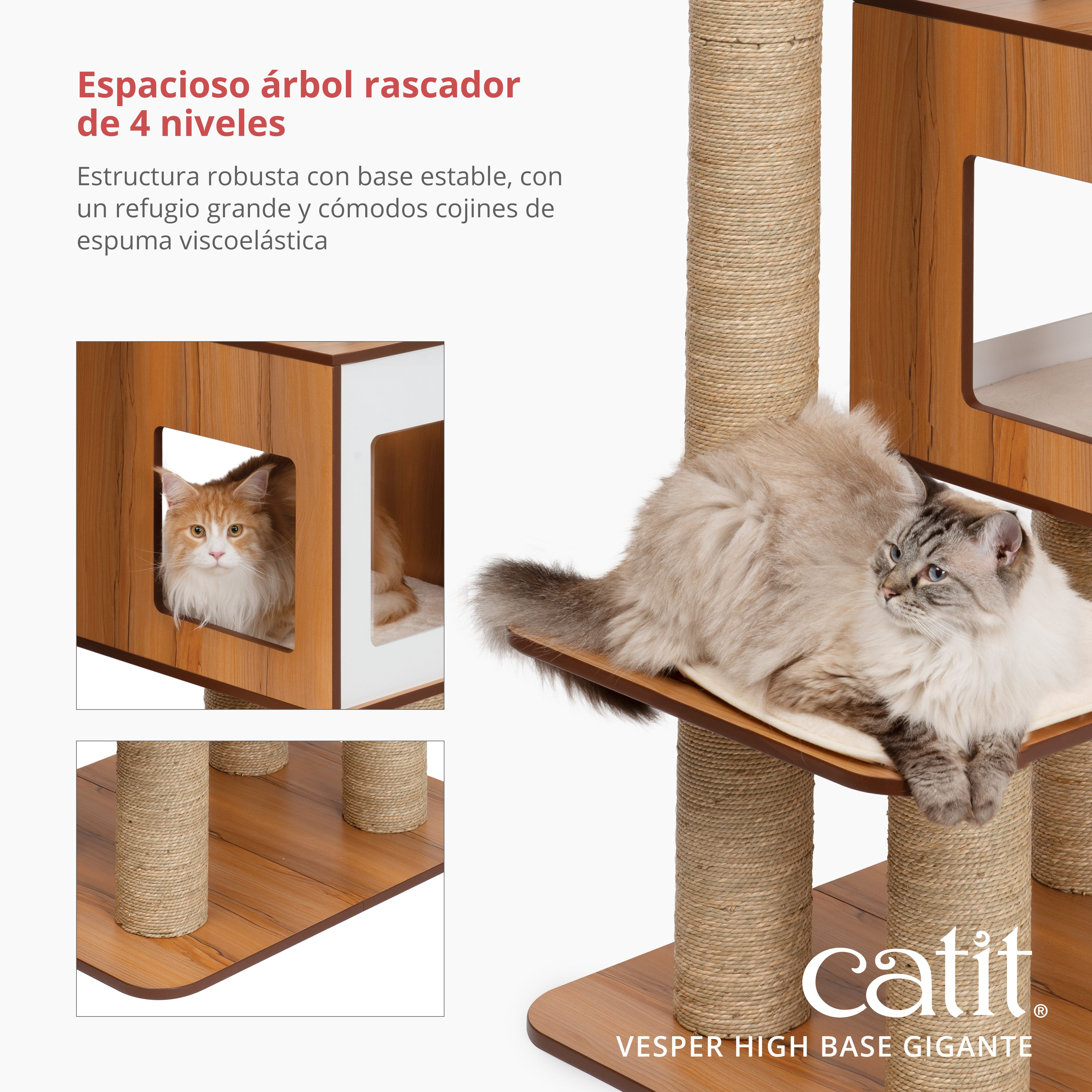 Un gran árbol para gatos de cuatro niveles con postes de sisal y gatos.