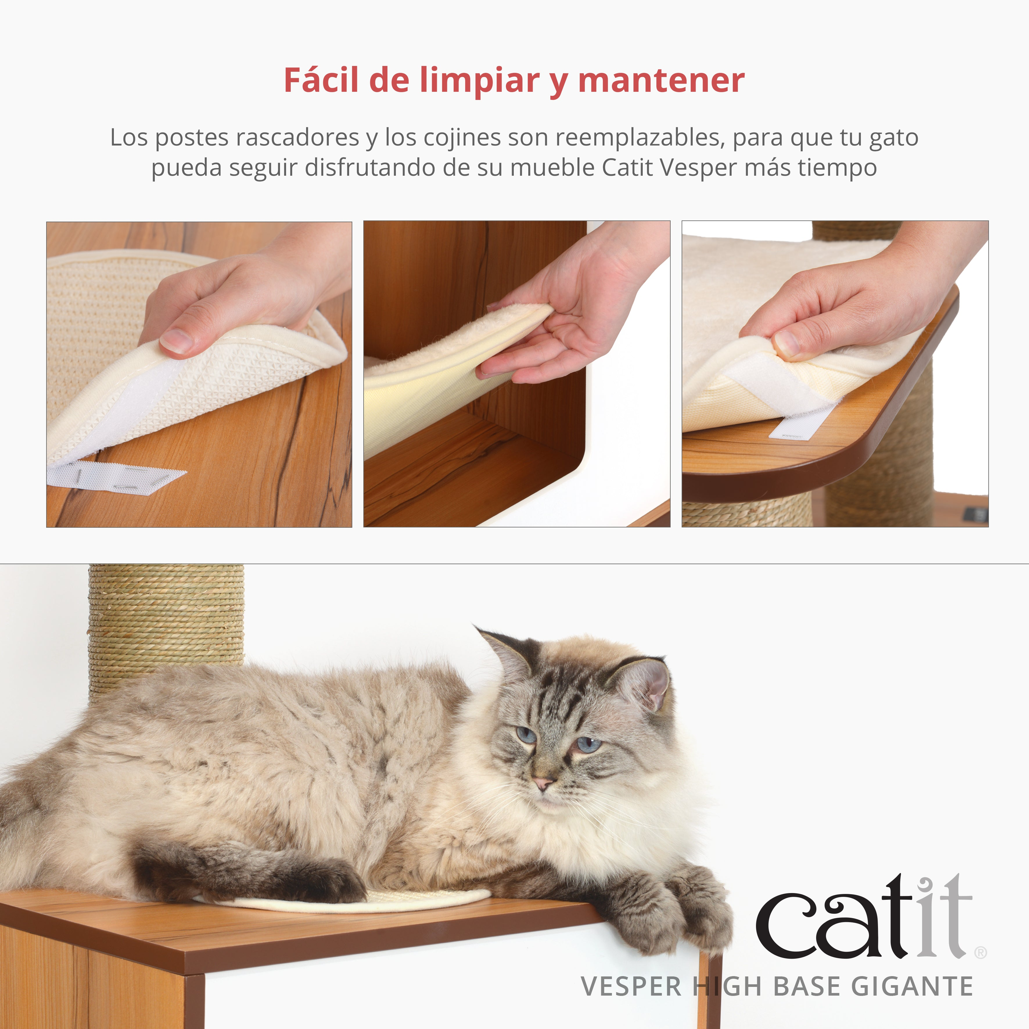 Un gato peludo descansa en un mueble Catit Vesper, con imágenes superiores mostrando fácil extracción de cojines.