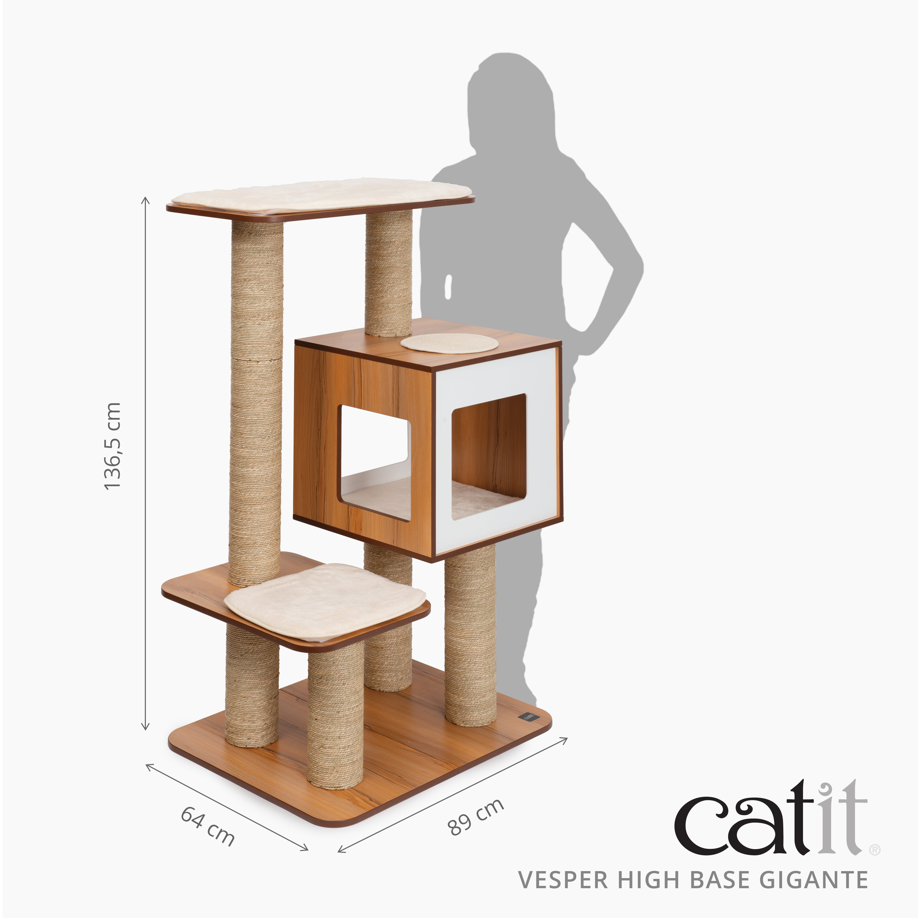 Árbol para gatos de madera con postes de sisal, cojines y logo Catit Vesper junto a la silueta de una mujer y medidas.