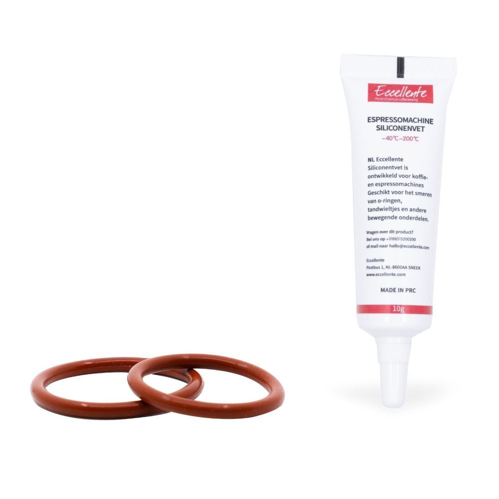 Two red O-rings next to a tube of Eccellente silicone grease on a white background.