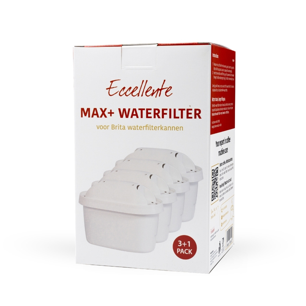 A white box with red text "Eccellente MAX+ WATERFILTER" displays four white water filters and a 3+1 pack logo.