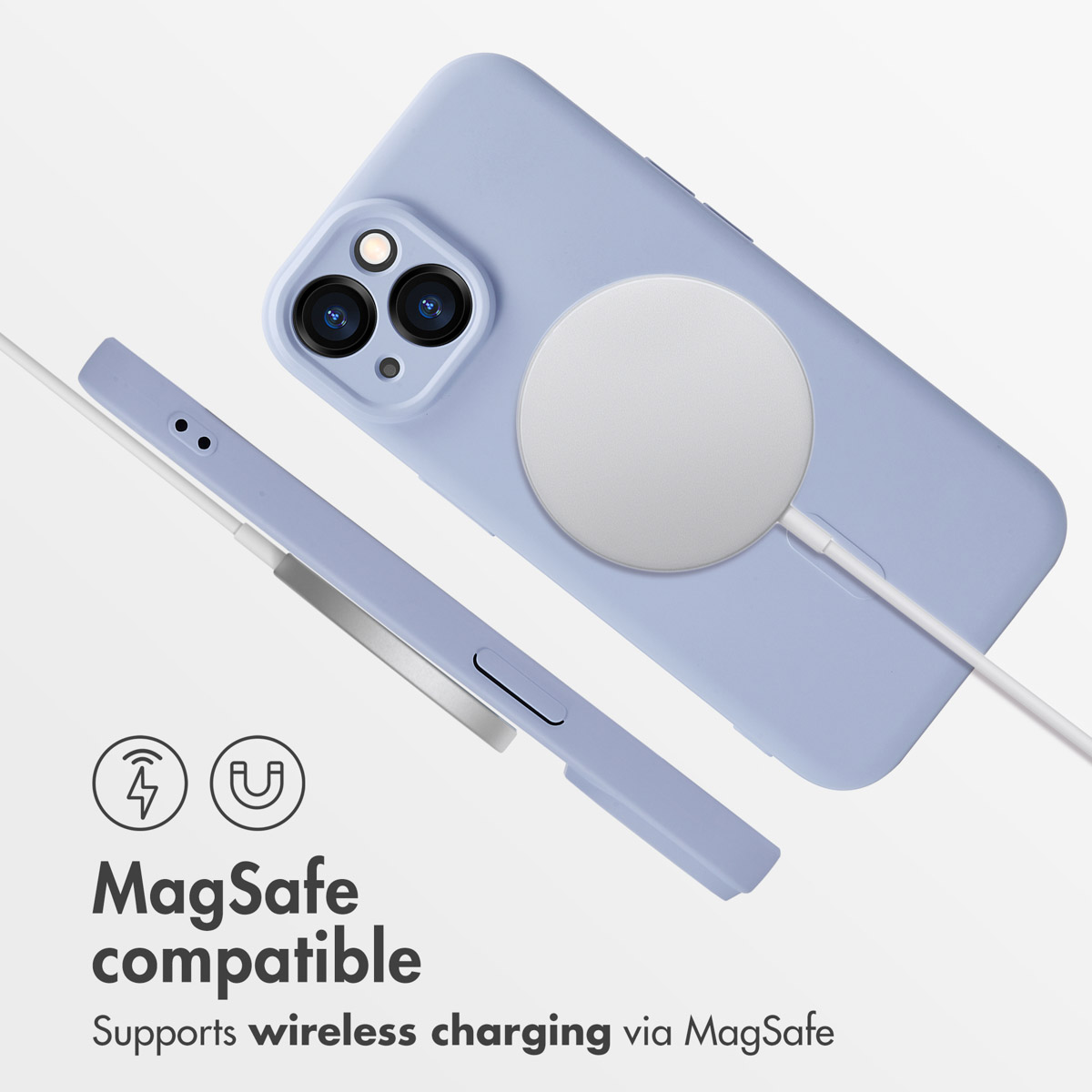 A light blue smartphone with a MagSafe charger and compatibility text.
