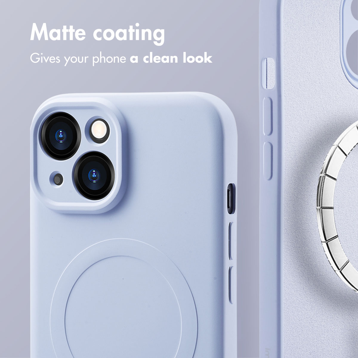 A matte light blue smartphone case with a camera cutout and circular magnetic ring.