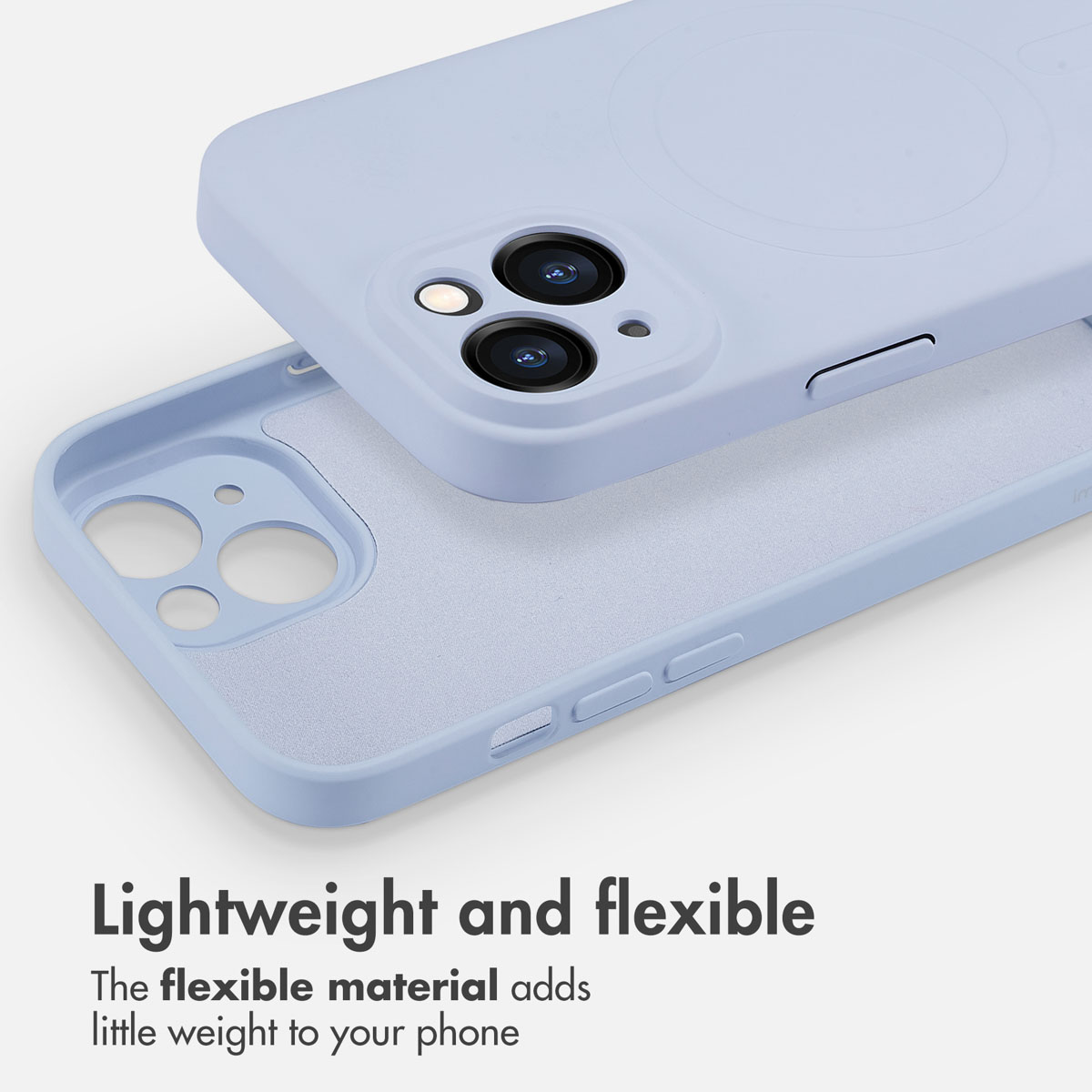 A light blue silicone smartphone case showing back and inside, with promotional text below.