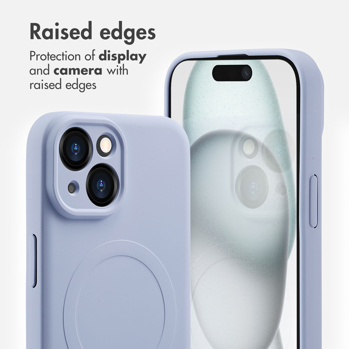 Lilac phone case with raised edges protecting the display and camera.