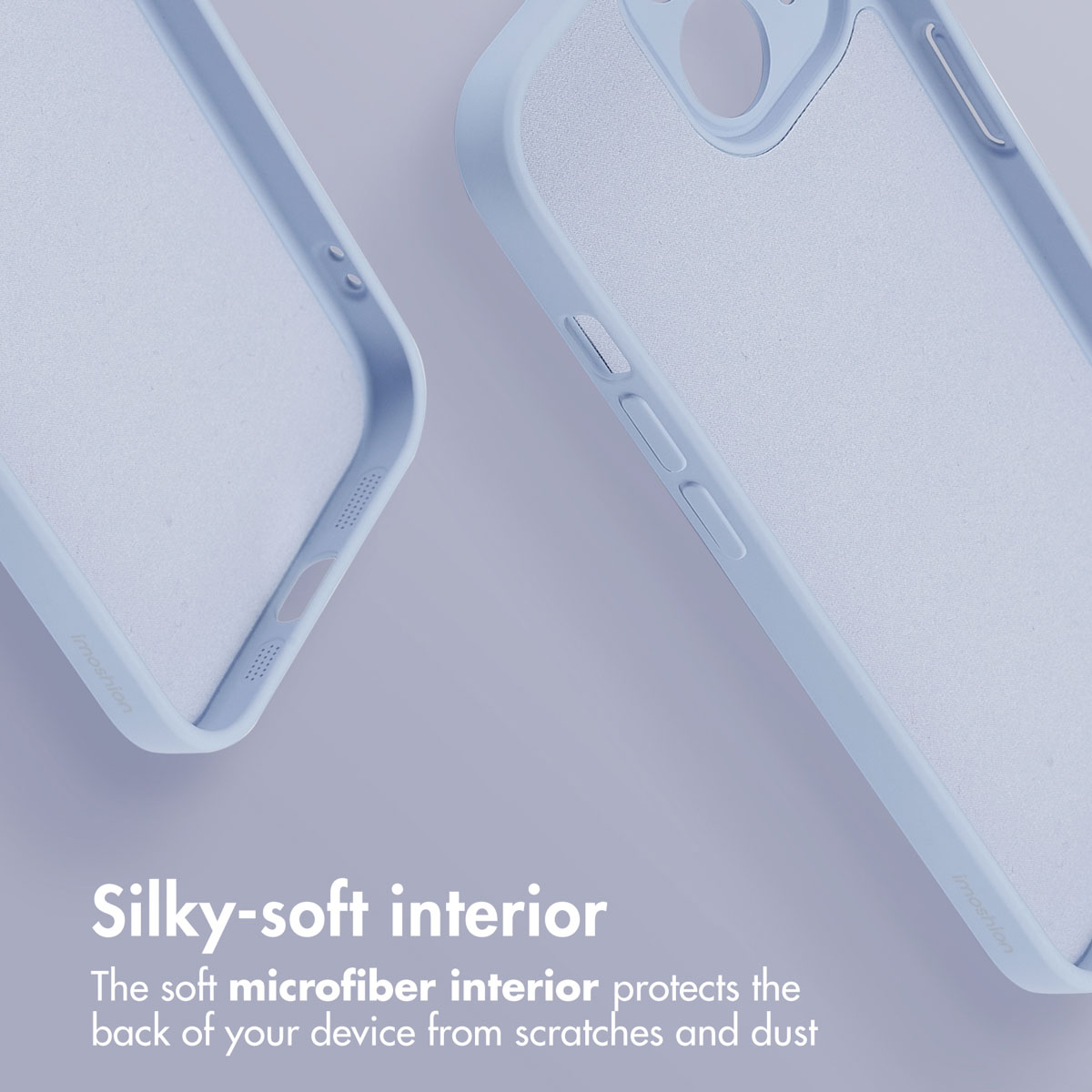 Two light blue phone cases with soft microfiber lining on a purple background.