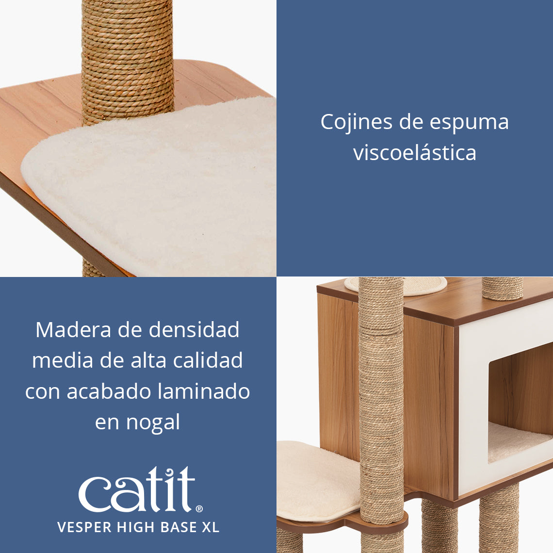 Un rascador para gatos Catit Vesper High Base XL con madera de nogal, postes de sisal y cojines.