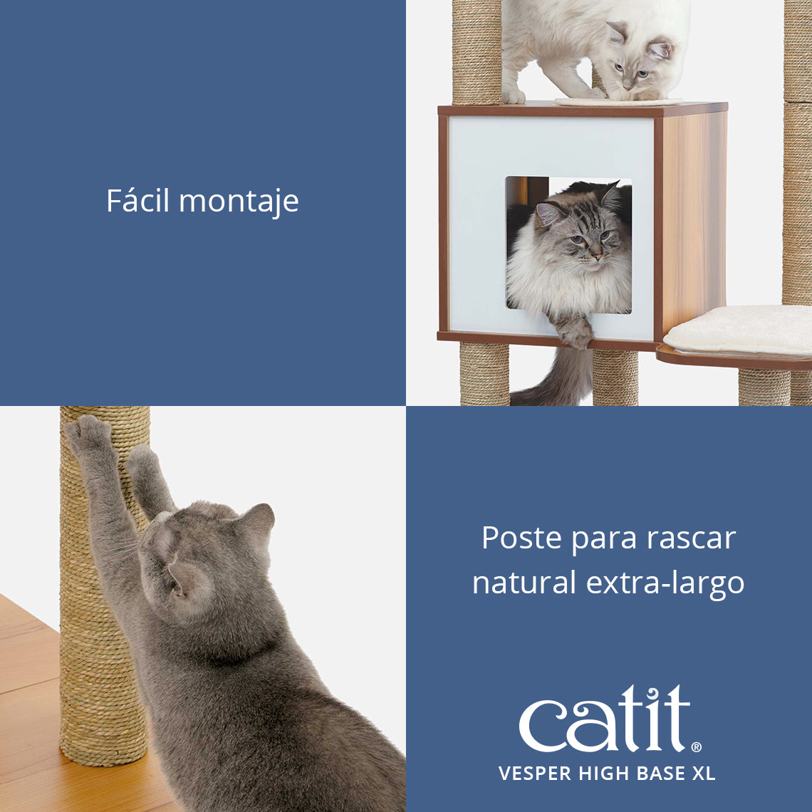 Árbol para gatos con rascador, casita y gatos sobre fondo blanco y azul.