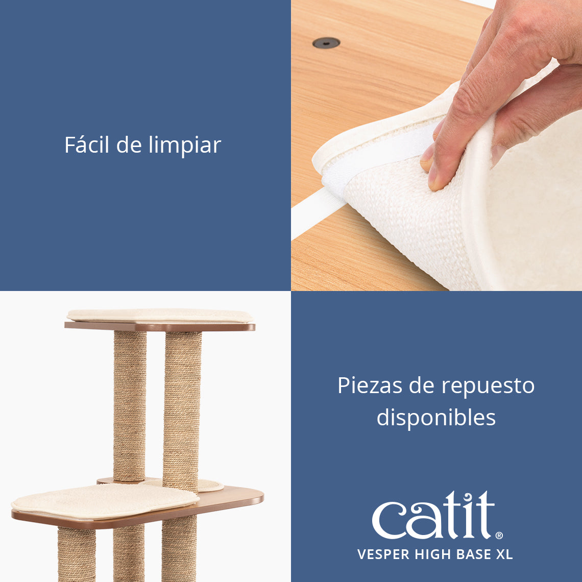 Una mano retirando un cojín blanco de un rascador, con texto en español y el logotipo de catit.