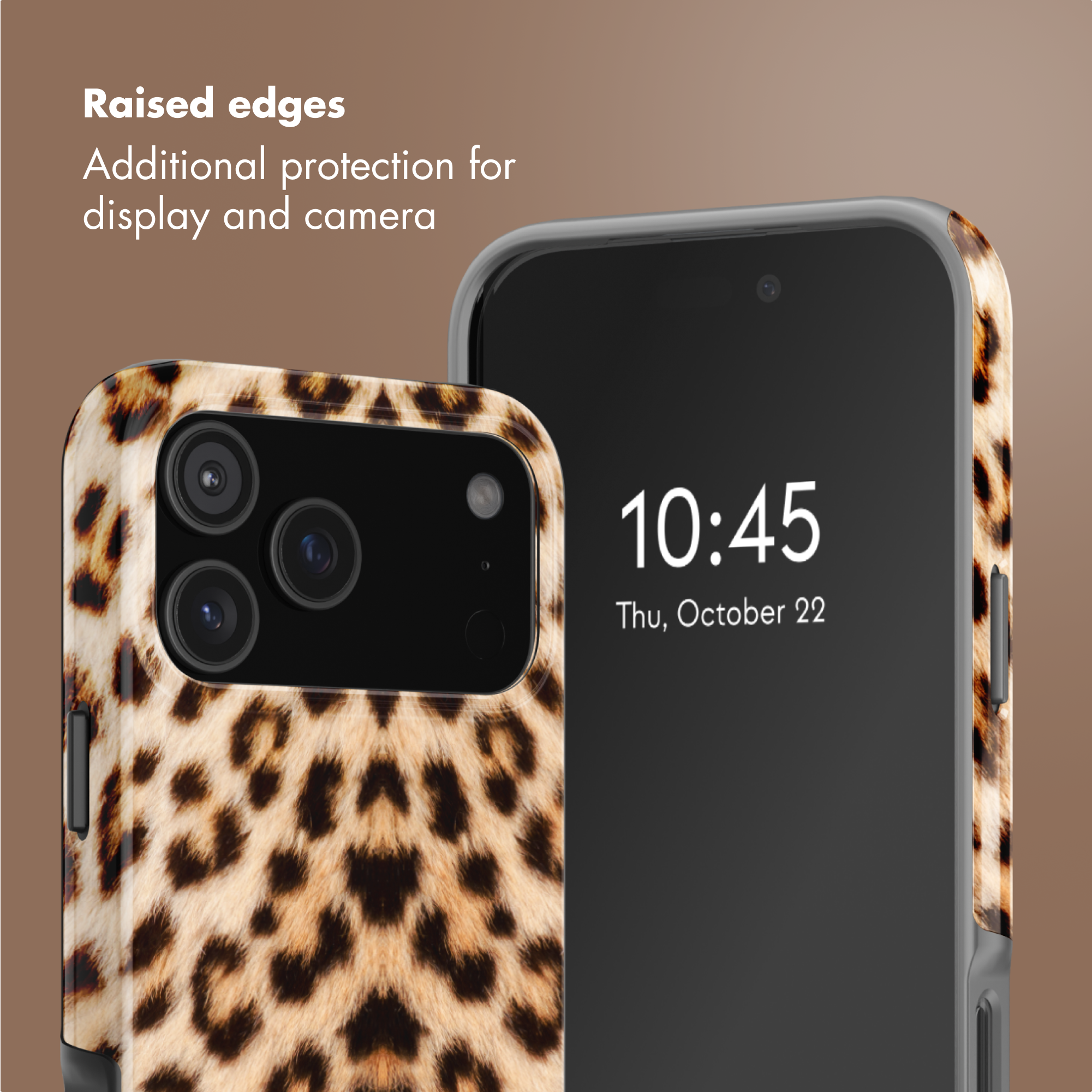 Zwei Smartphones mit Leopardenmuster-Hüllen zeigen erhöhte Kanten für Display- und Kameraschutz.