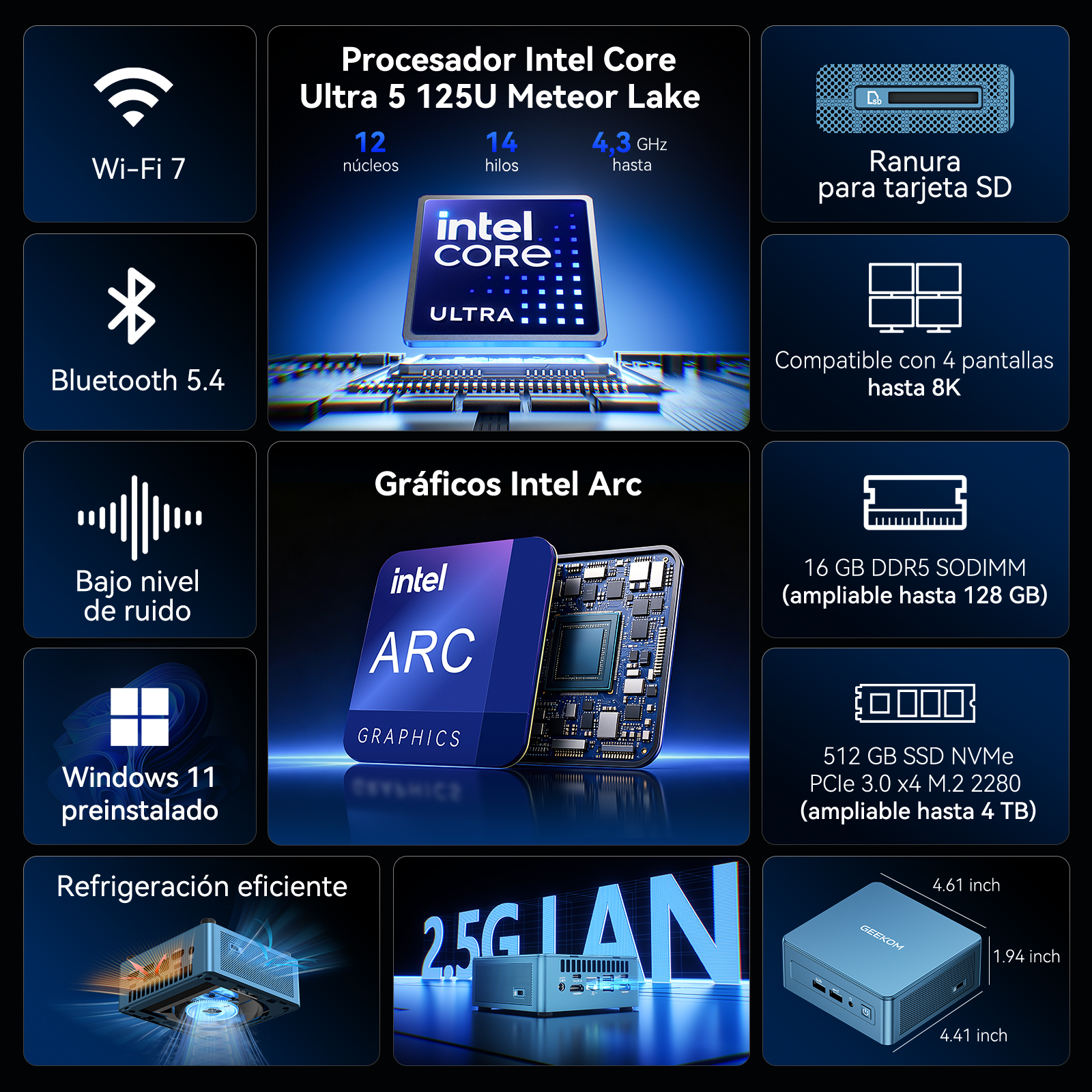 Especificaciones técnicas de un mini PC con procesador Intel Core Ultra 5 y gráficos Intel Arc.