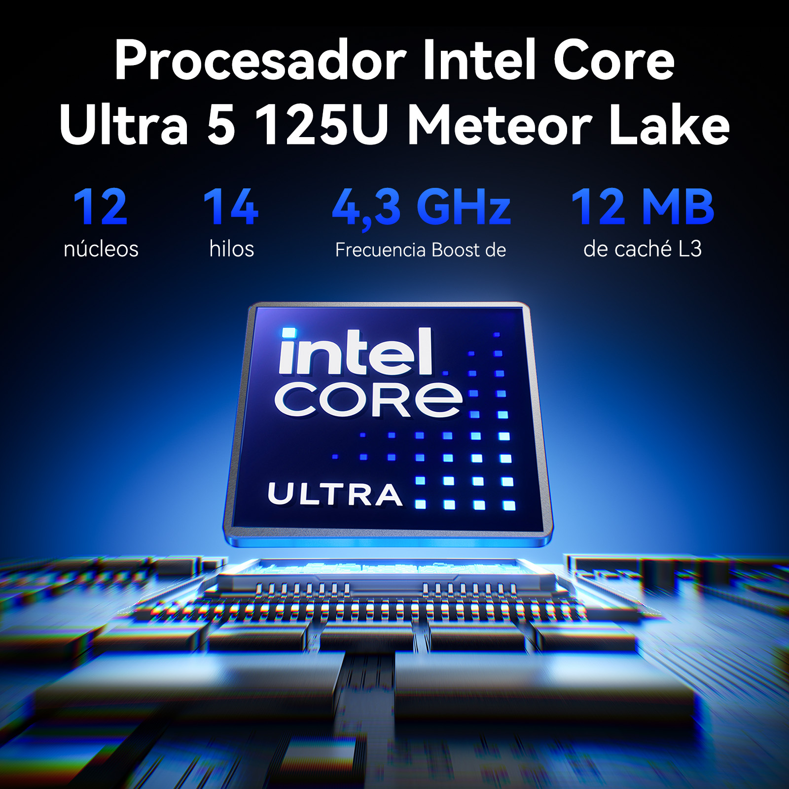 Procesador Intel Core Ultra 5 125U con especificaciones y imagen de CPU.