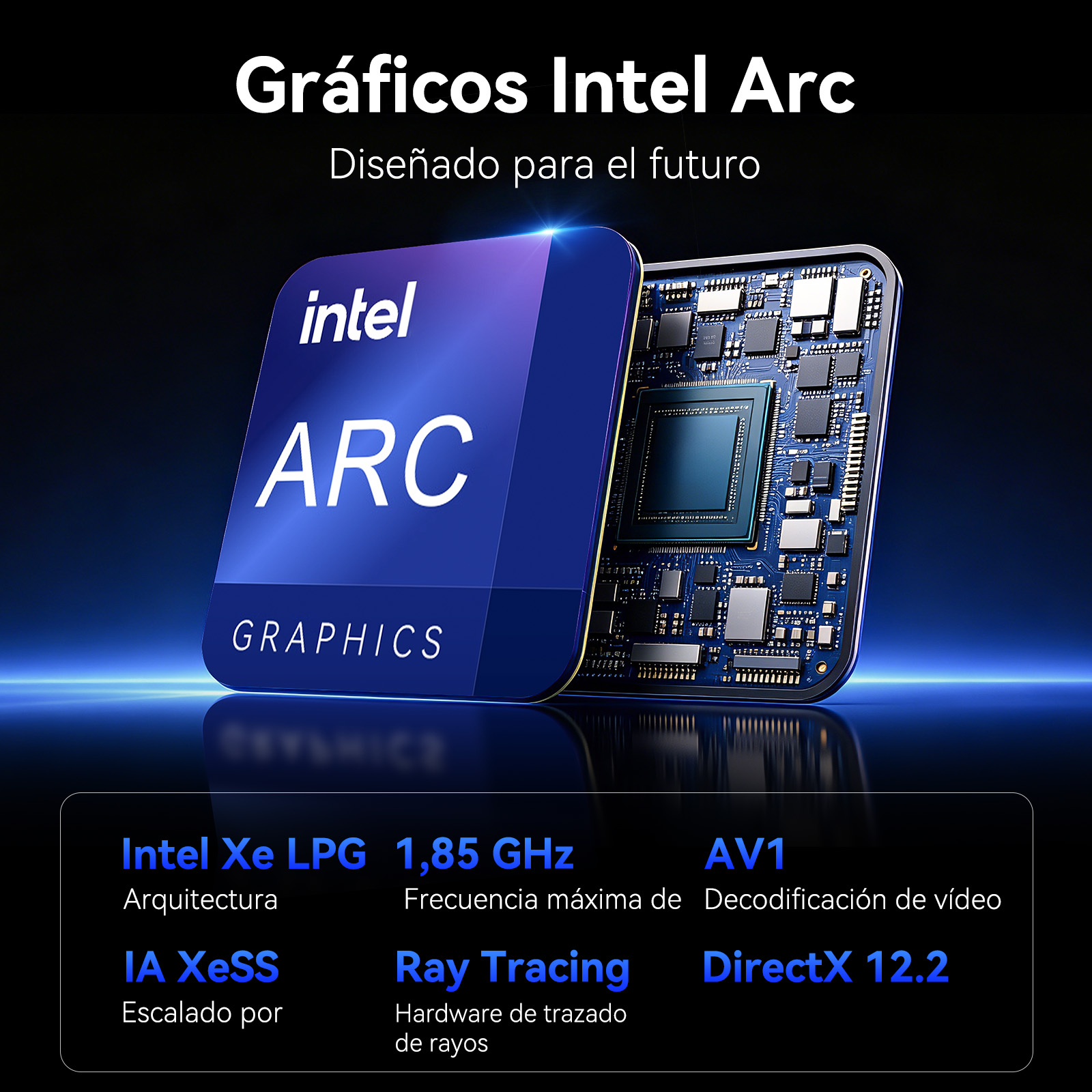 Una tarjeta gráfica Intel Arc con detalles técnicos sobre un fondo azul.