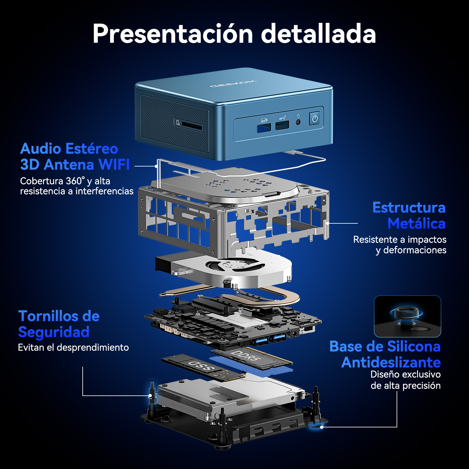 Vista explosionada de un mini PC azul que muestra el marco metálico, ventilador y componentes.