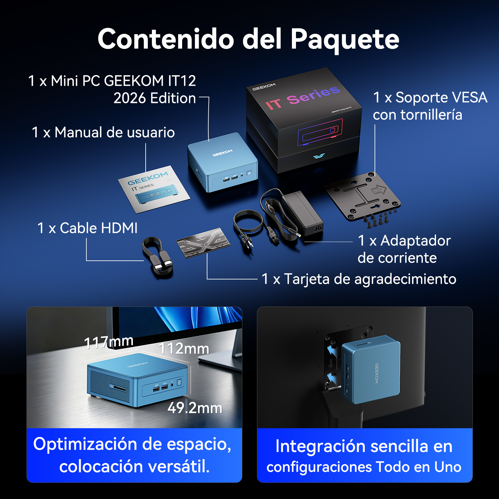 Contenido de paquete de Mini PC con mini PC azul, caja, cable HDMI, adaptador de corriente y soporte VESA.
