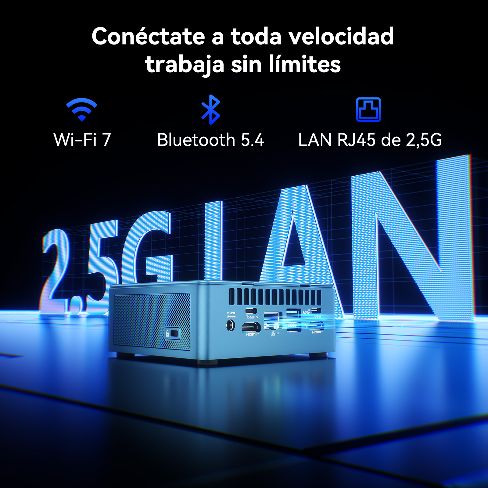 Un mini PC azul frente a un fondo con LAN 2.5G y Wi-Fi 7.