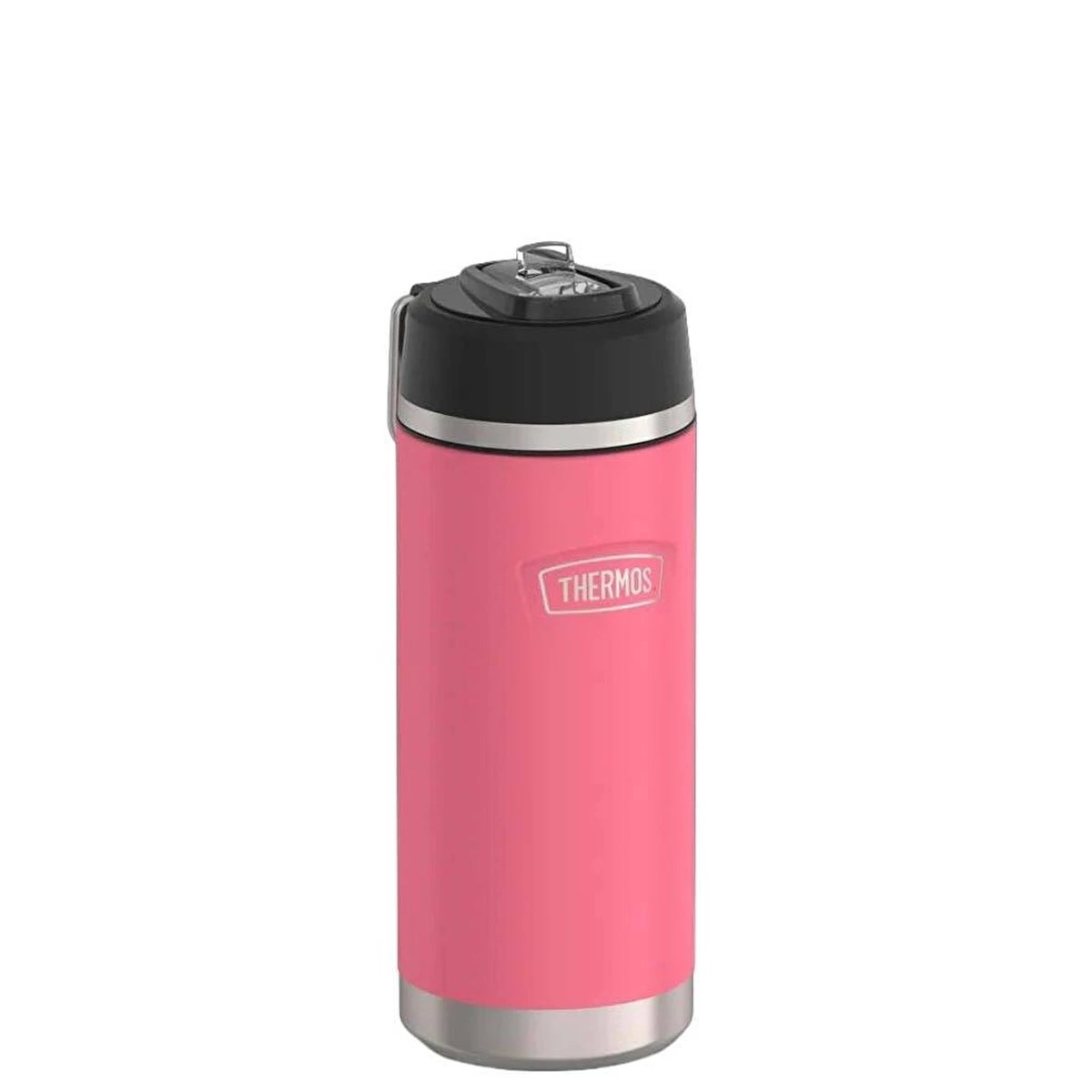 Beyaz arka planda siyah kapaklı ve Thermos logolu pembe bir termos.