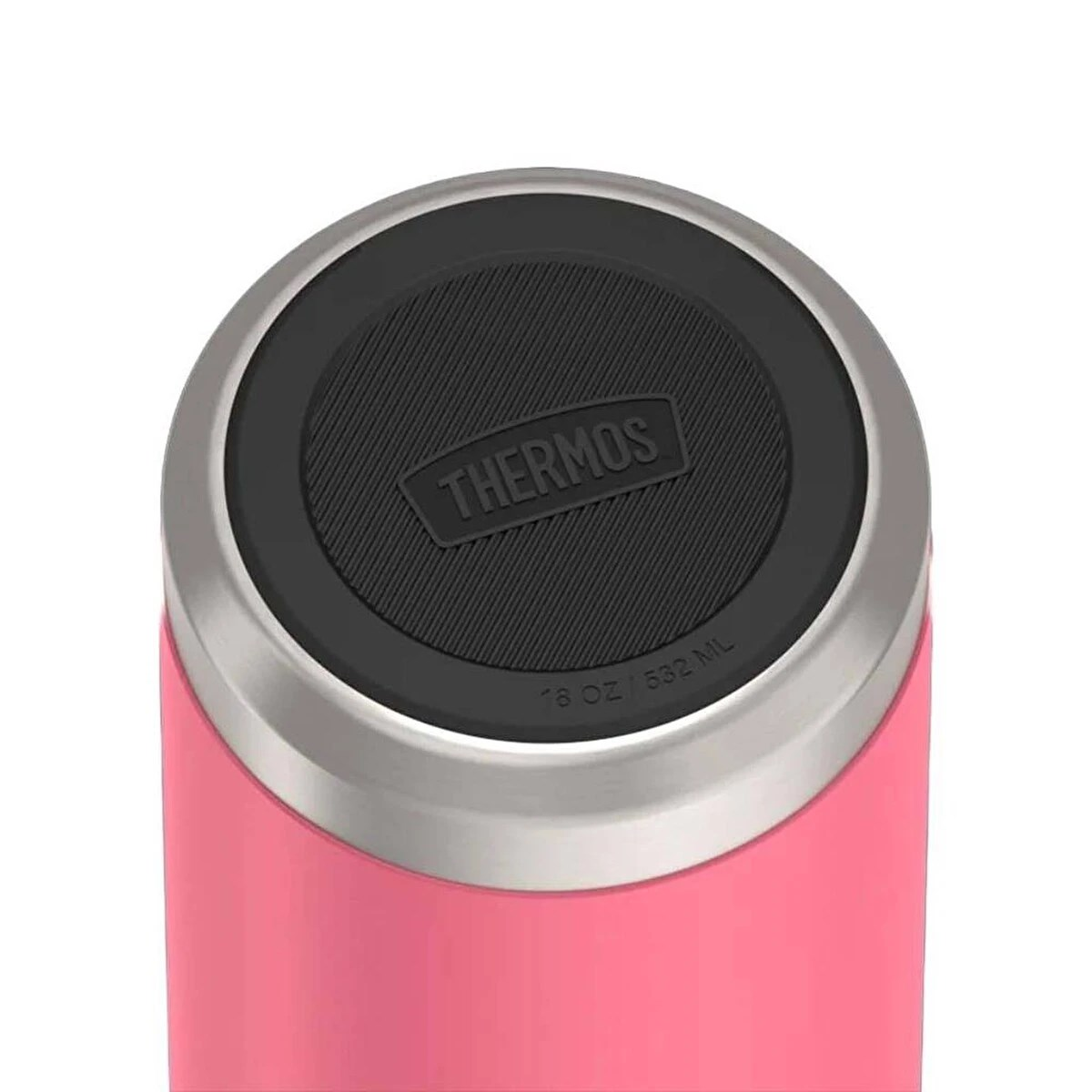 Siyah kapaklı ve Thermos logolu pembe termos şişenin üstten görünümü.
