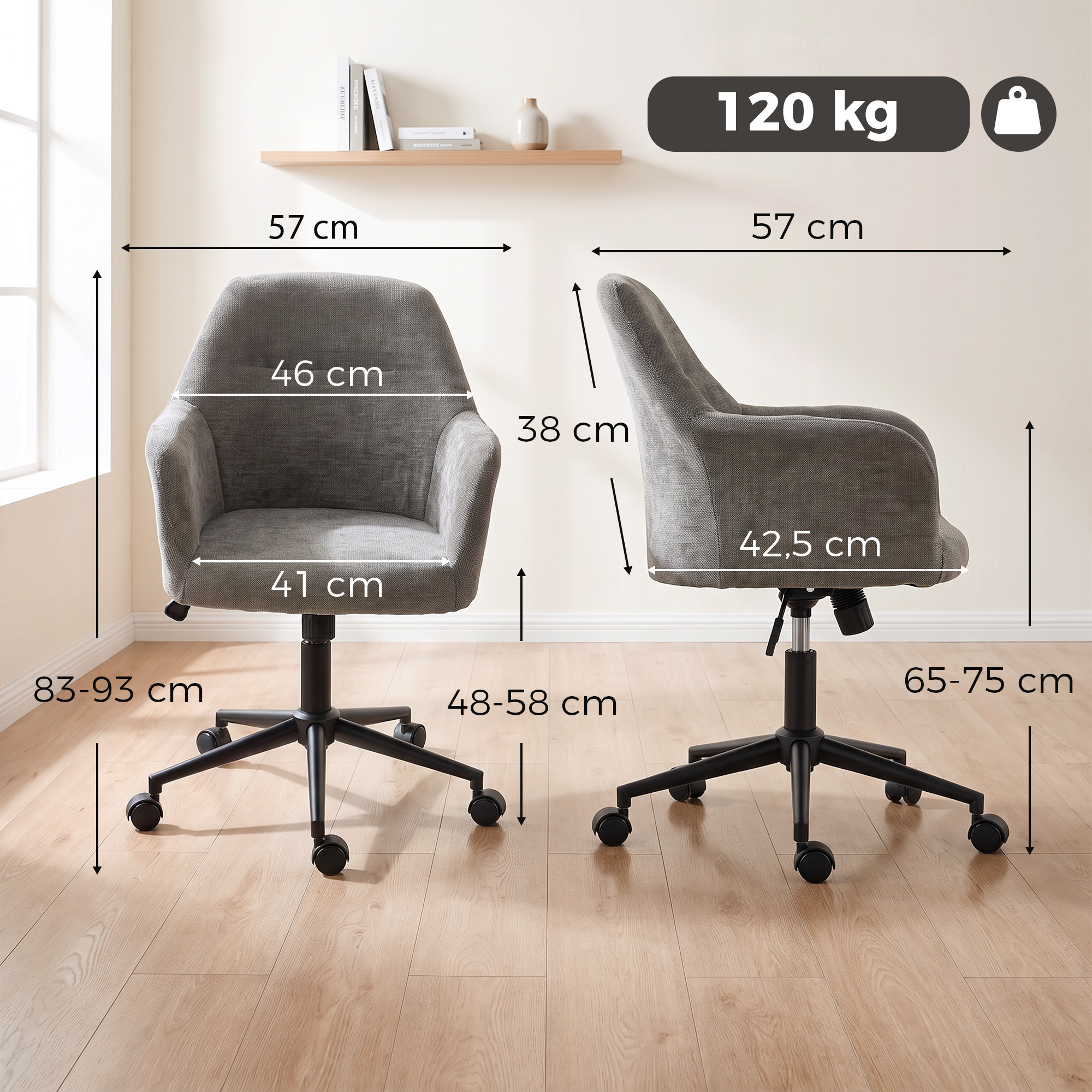 Silla de oficina gris con dimensiones y un límite de peso de 120 kg.