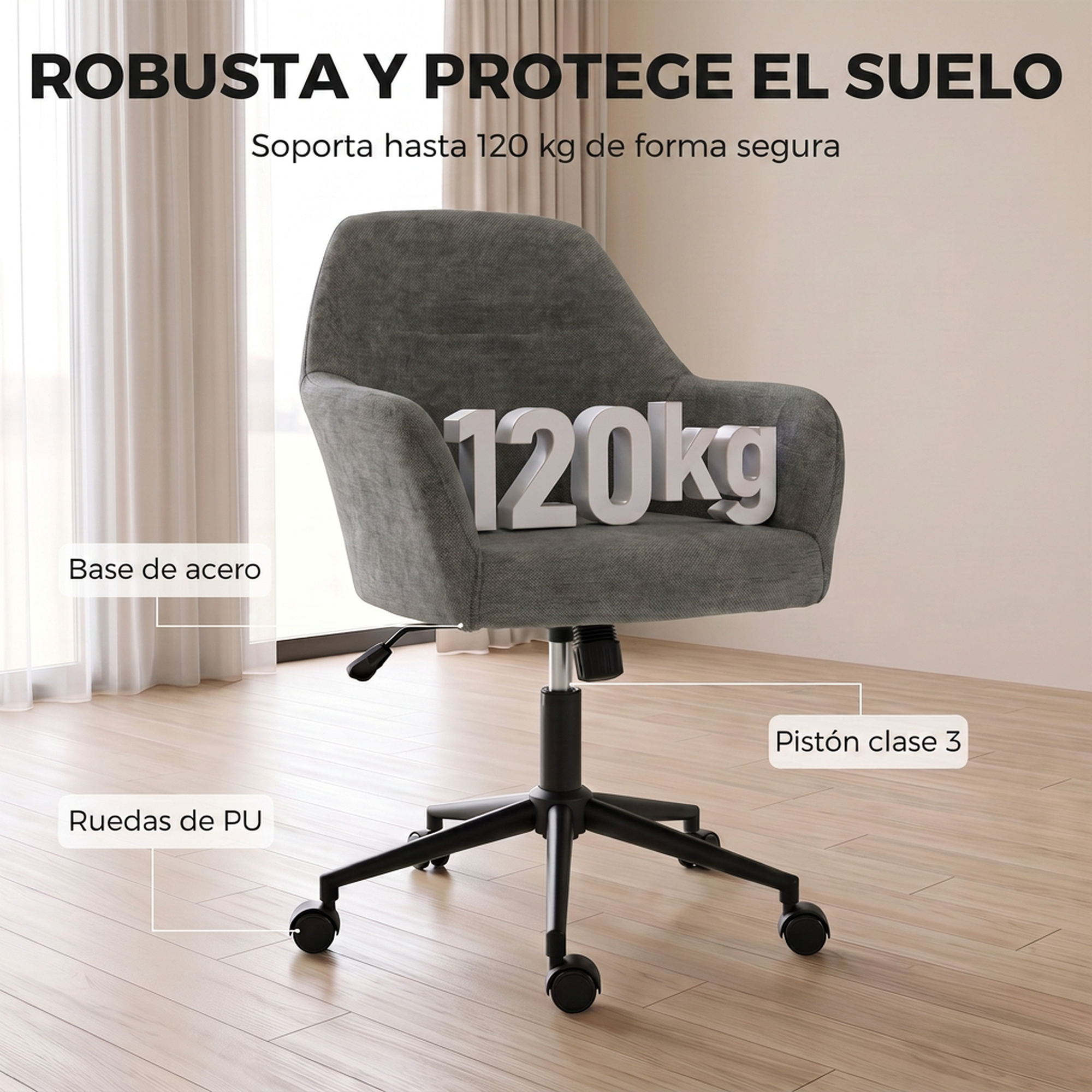 Silla de oficina gris con capacidad de 120kg, base de acero y ruedas de PU en una habitación.