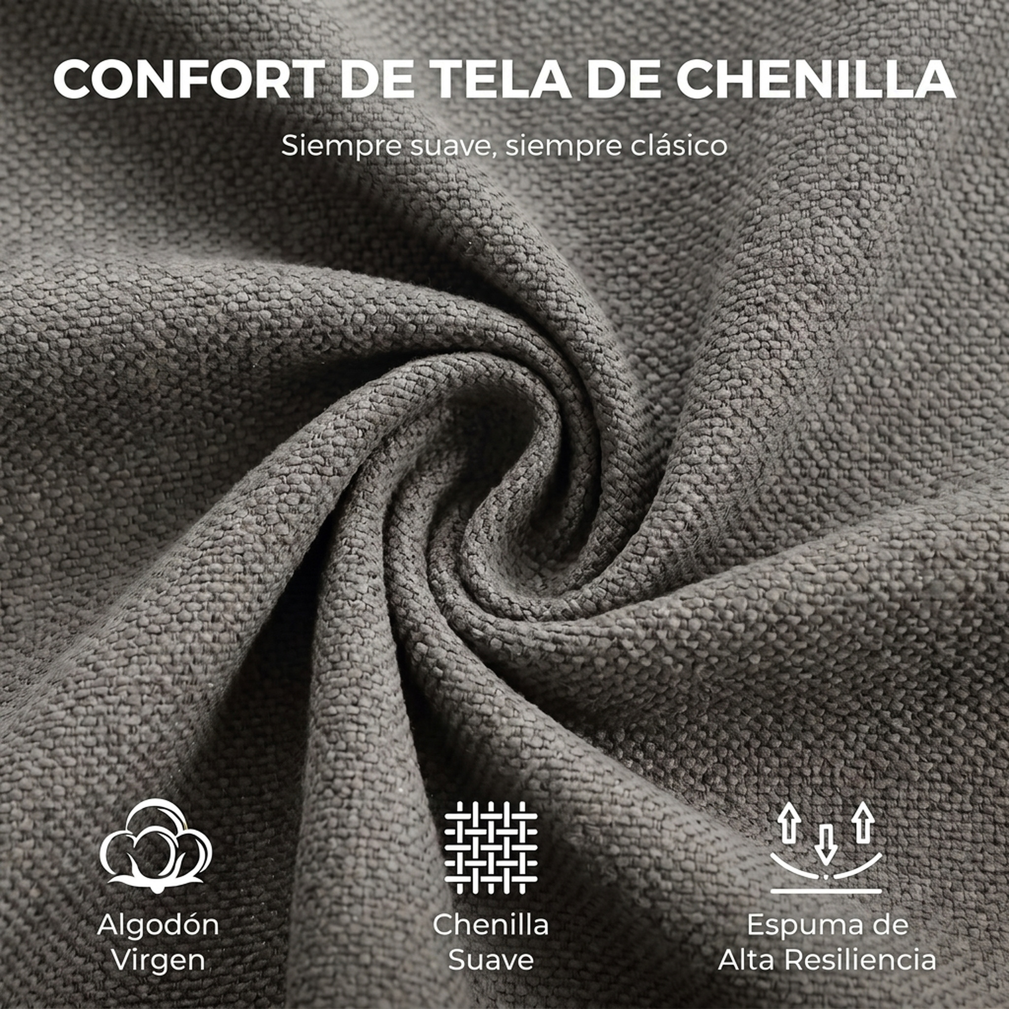 Tela de chenilla gris texturizada y arremolinada, con texto en español e iconos.