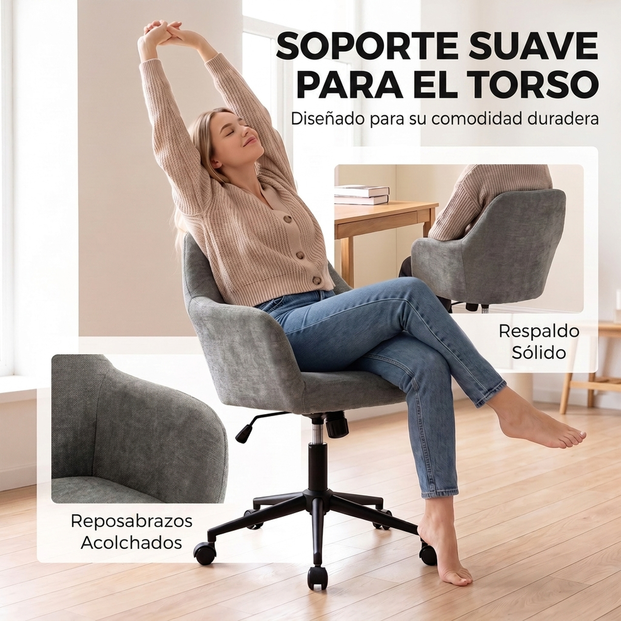 Una mujer se estira feliz en una silla giratoria gris con reposabrazos acolchados y respaldo sólido.