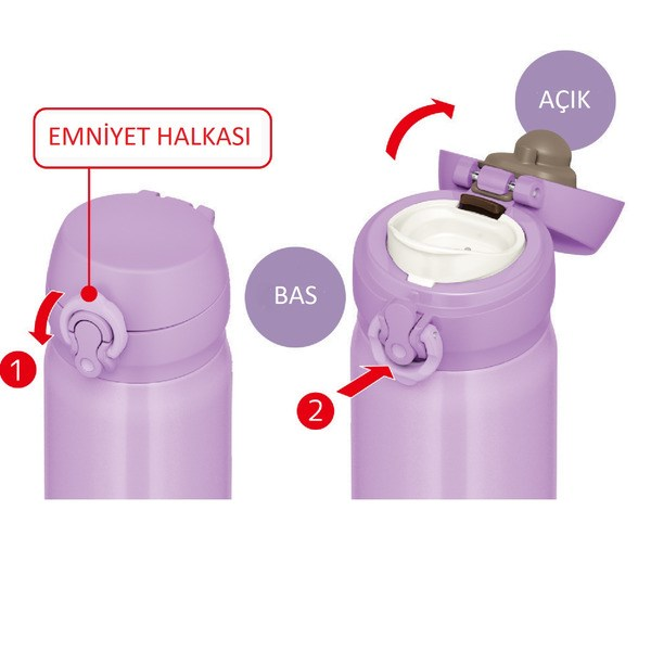 Emniyet halkası ve basma düğmesi olan mor termos şişenin iki adımda açılış talimatı.