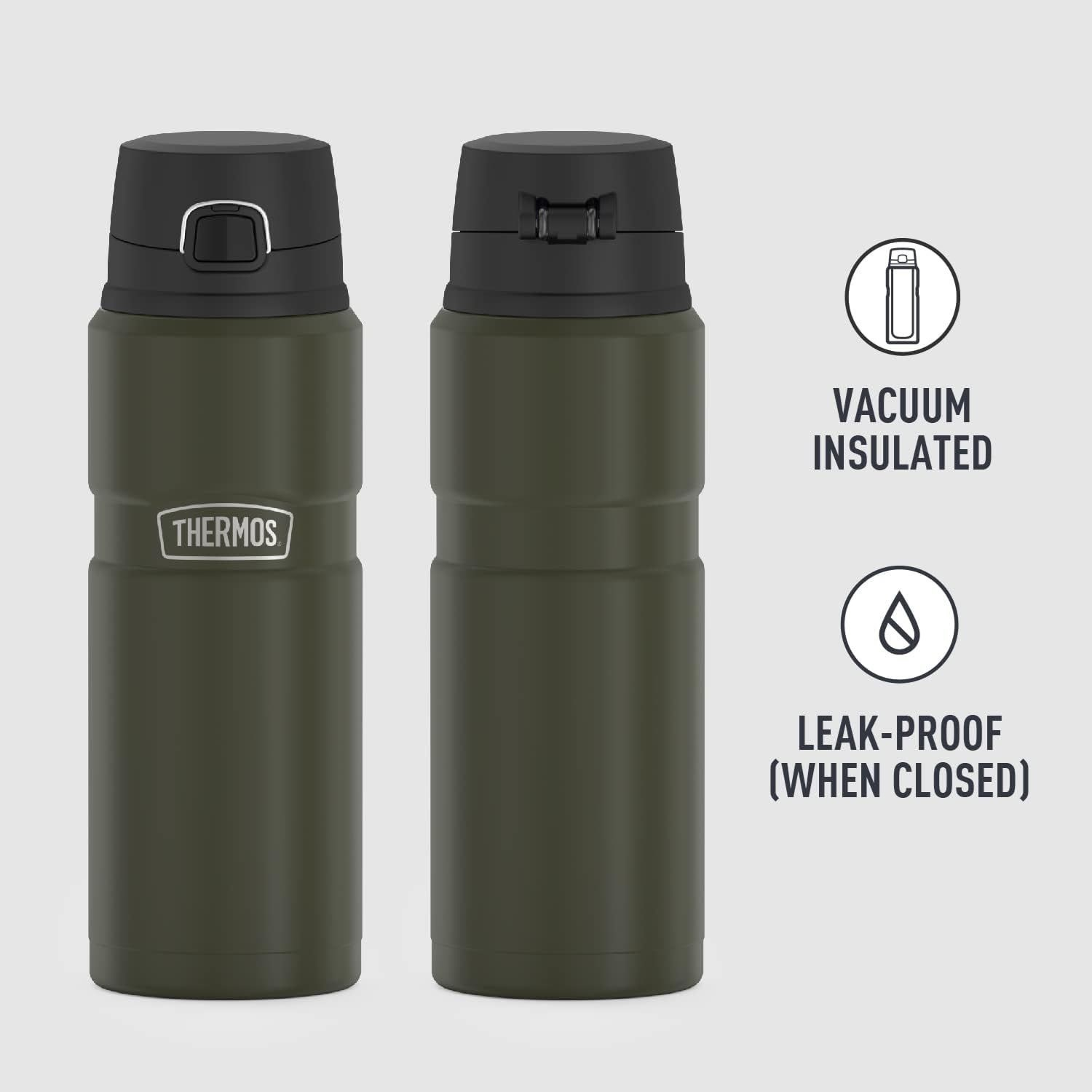 Siyah kapaklı, vakum yalıtımlı ve sızdırmaz yeşil Thermos matara.