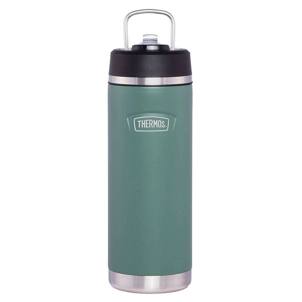 Siyah kapaklı, metal kulplu ve Thermos logolu, beyaz arka plan üzerinde yeşil bir termos matarası.